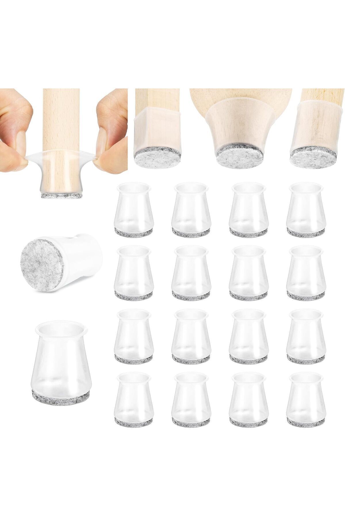 Mikasso 16 Adet Keçeli Silikon (15MM*17MM) Masa Sandalye Pabuç Kaydırmaz Zemin Koruyucu Beyaz 8'li Masa Ayağ