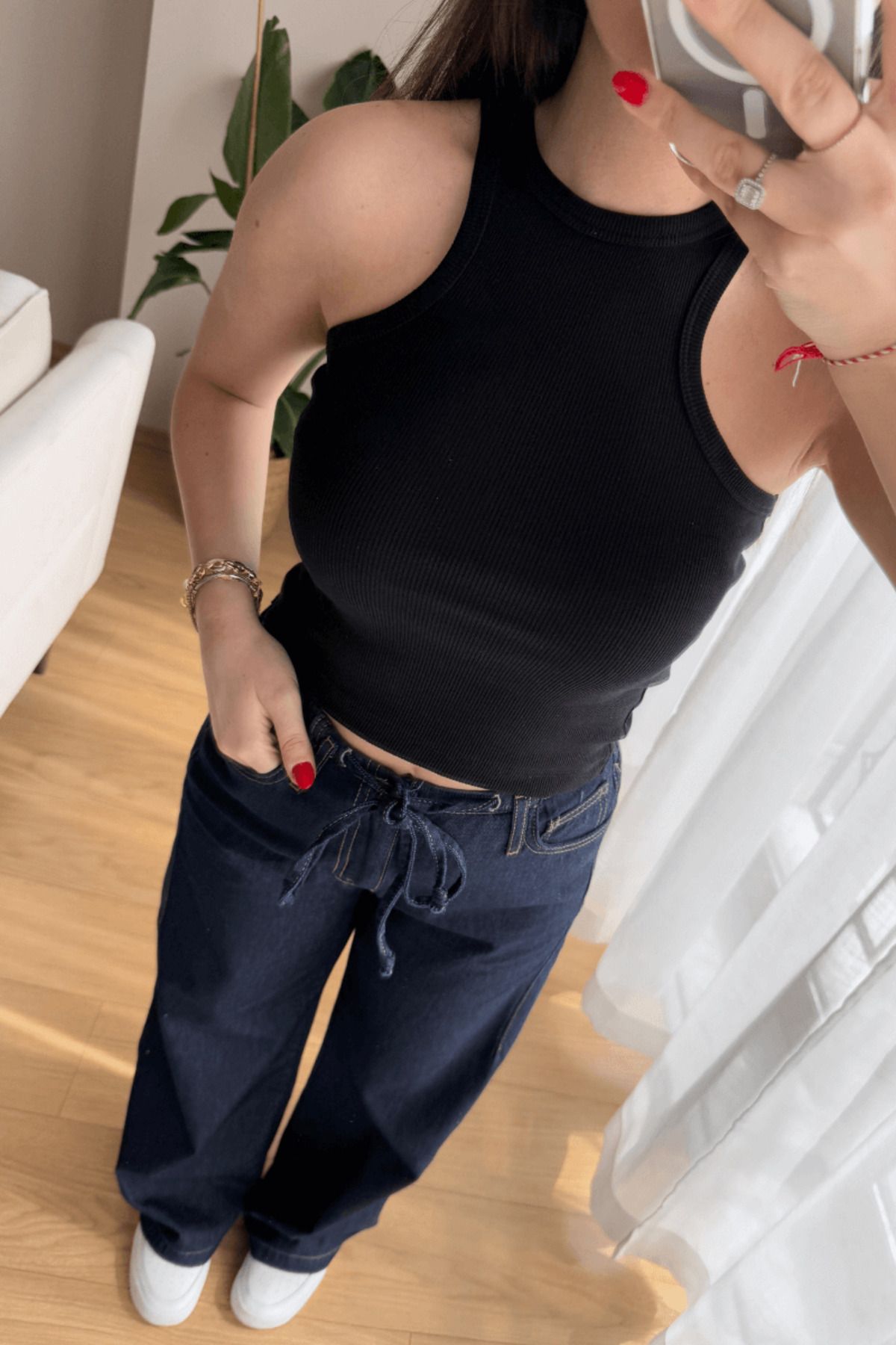 SEHOCO BUTİK %100 Pamuk Siyah Halter Yaka Fitilli Atlet