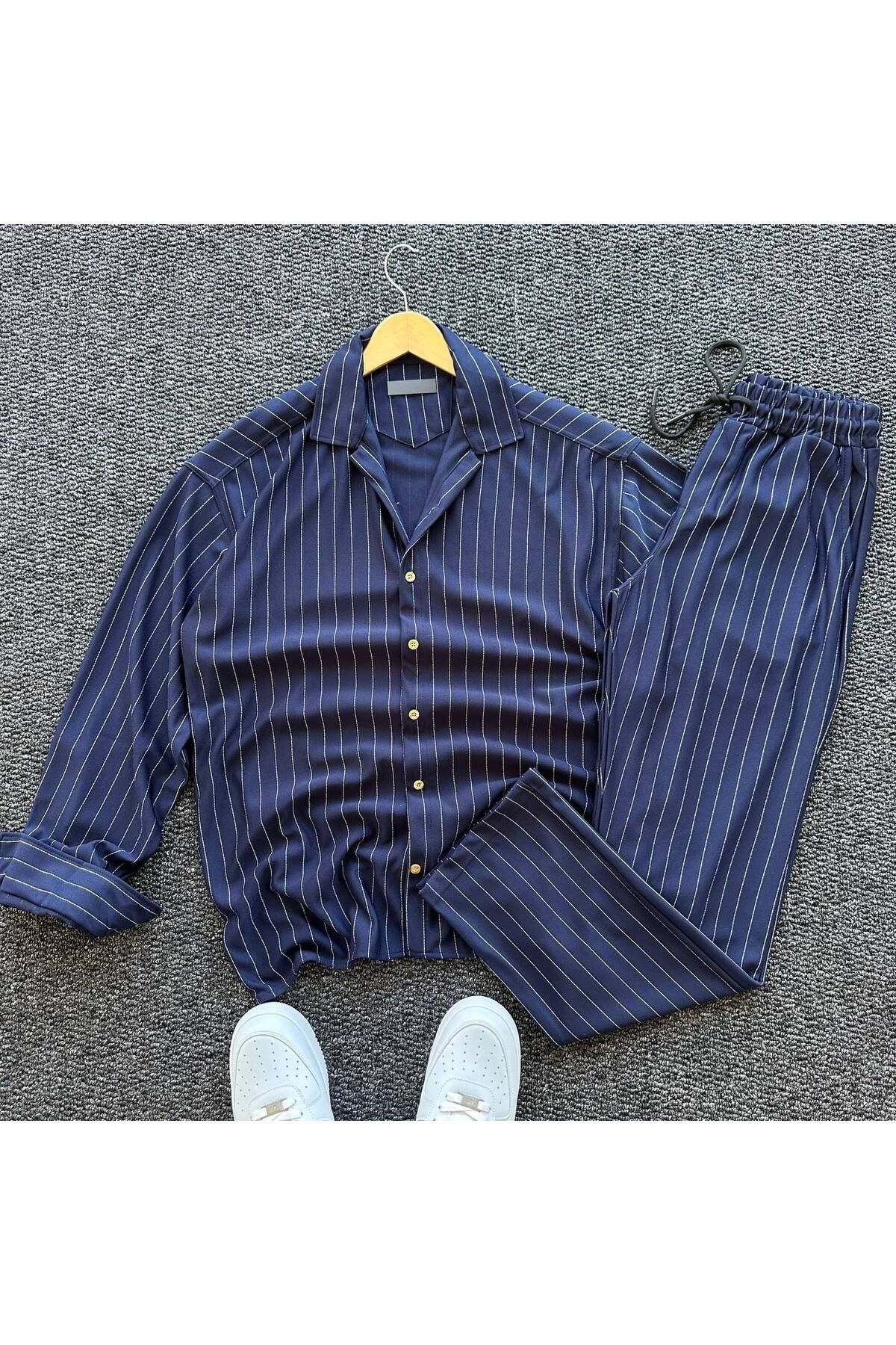 Fifty Color Alaçatı Stili Krep Kumaş Çizgi Detaylı Unisex Gömlek ve Pantolon Takım