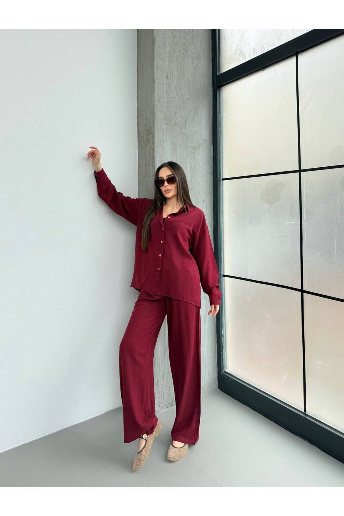 moda paketi Keten 2'li Pantolonlu Takım