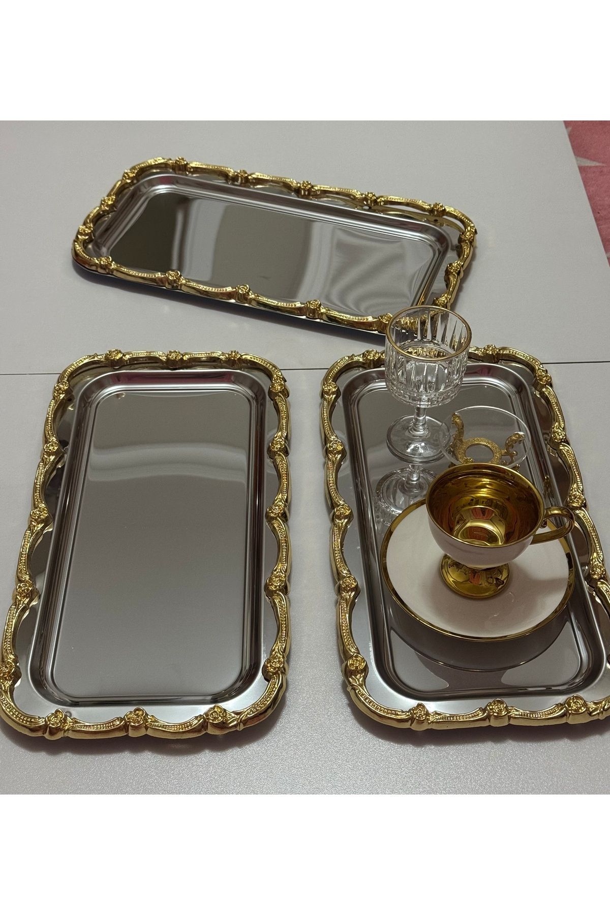 SEVA ÇELİK-3 Pcs Steel Large Rectangular Model Gold Frame Service Tray 17*33 cm 2