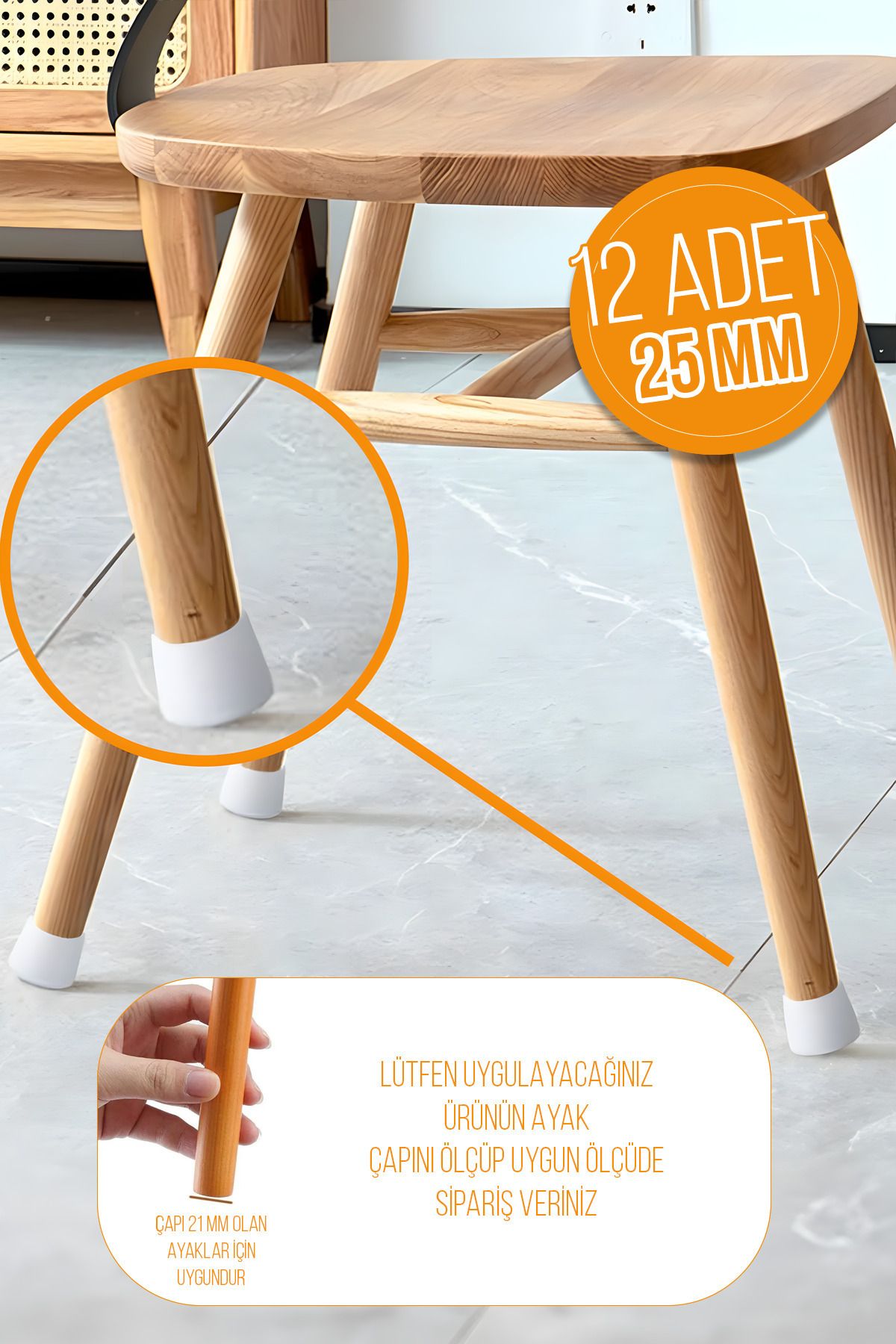 Mikasso 12 Adet Sessiz Tip Sandalye Pabucu Masa Sandalye Zemin Koruyucu 2,5 Cm Beyaz Beyaz Tekli