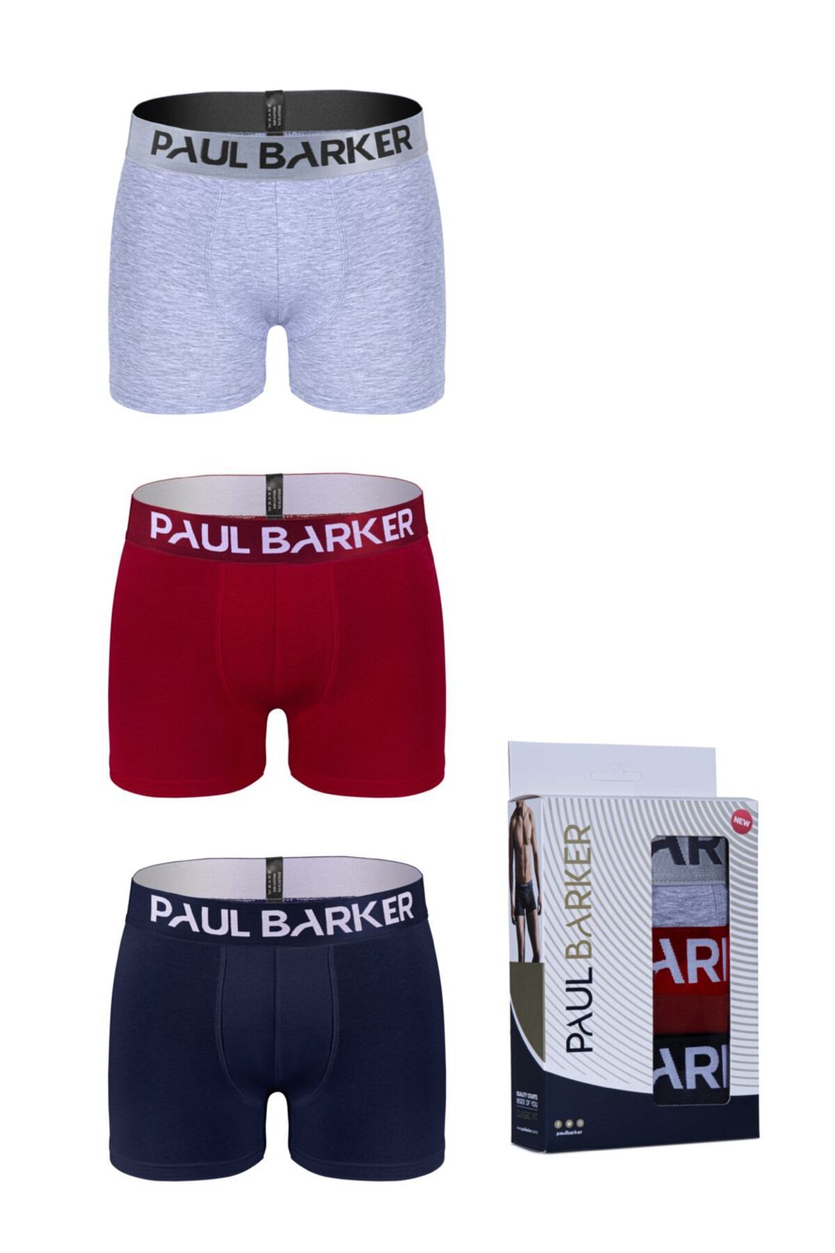 Paul Barker 3'lü Erkek Boxer Seti – Bordo, Lacivert, Gri – Pamuklu & Esnek Kumaş, Regular Fit