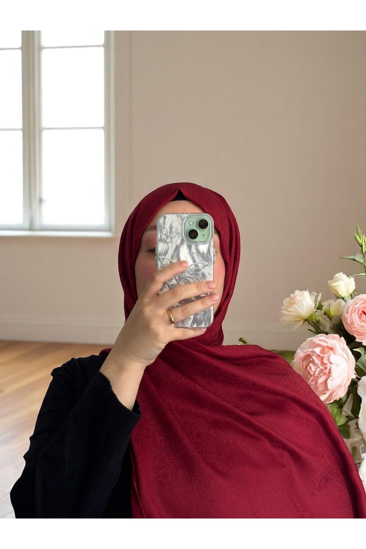 Lavena scarfs Papatya Serisi Çiçekli Desen Jakar Şal - Bordo