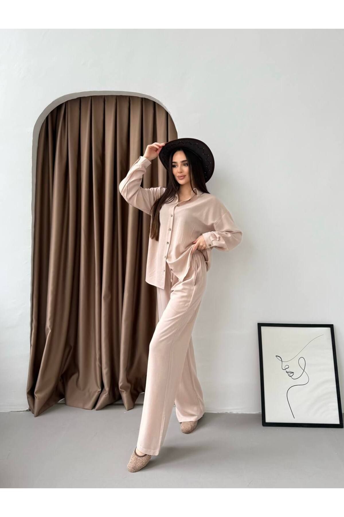 moda paketi Keten 2'li Pantolonlu Takım