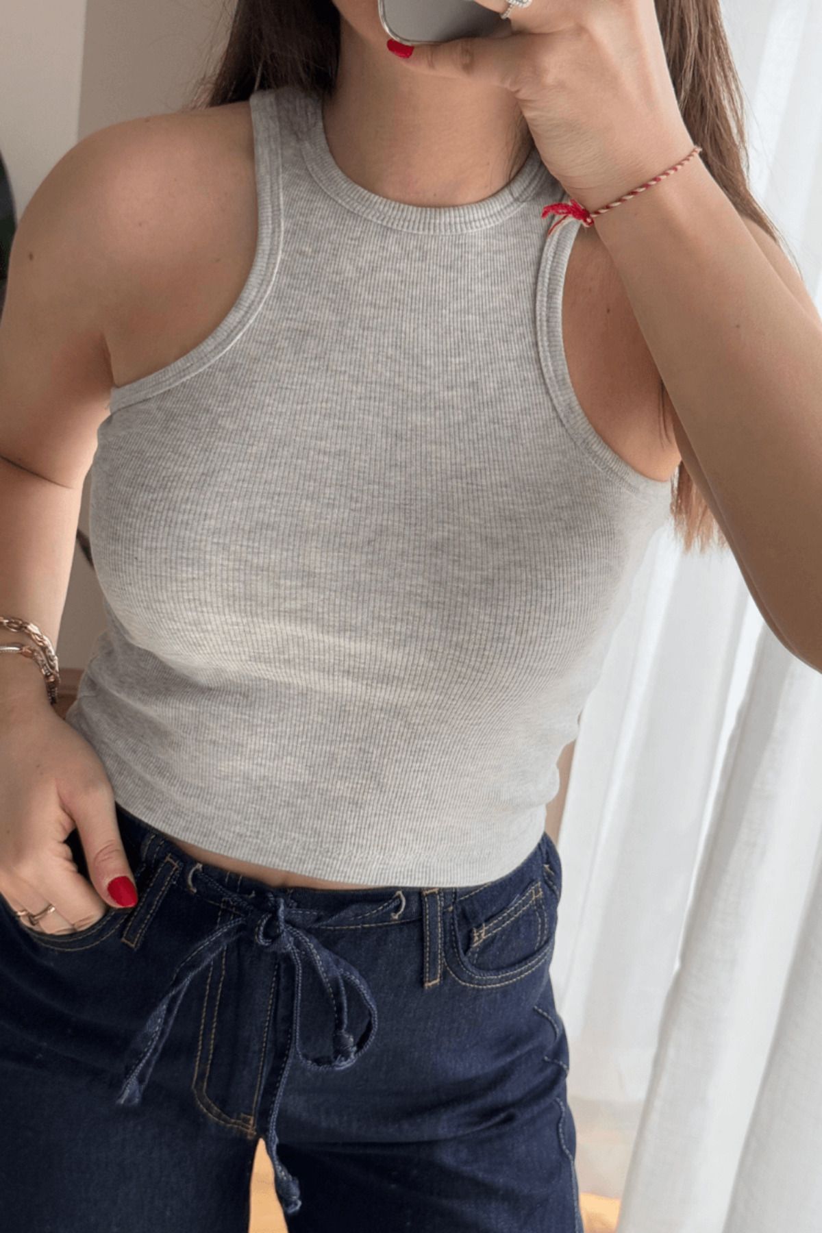 SEHOCO BUTİK %100 Pamuk Gri Halter Yaka Fitilli Atlet