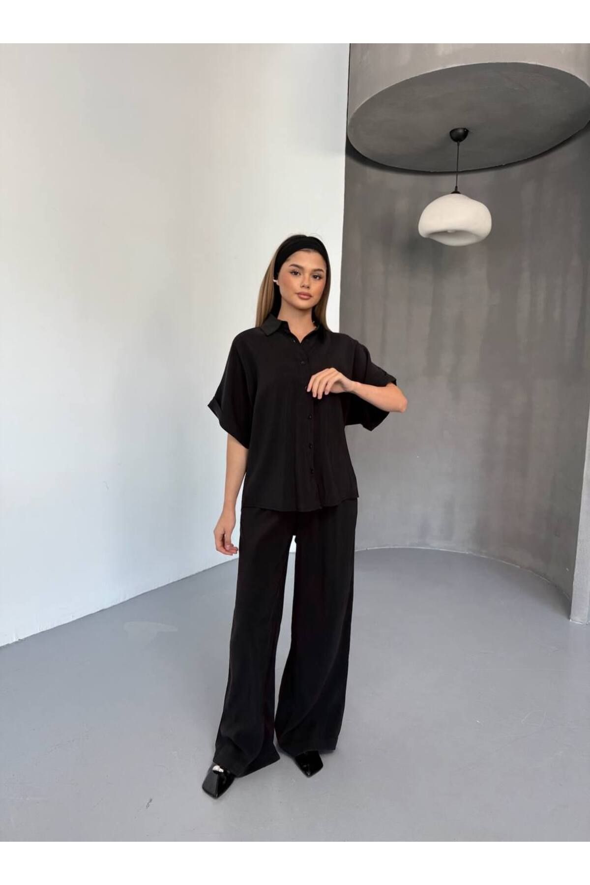 Ahsenbutik Kadın Bol Kesim Pantolon ve Kısa Kollu Gömlek Alt-Üst Takım