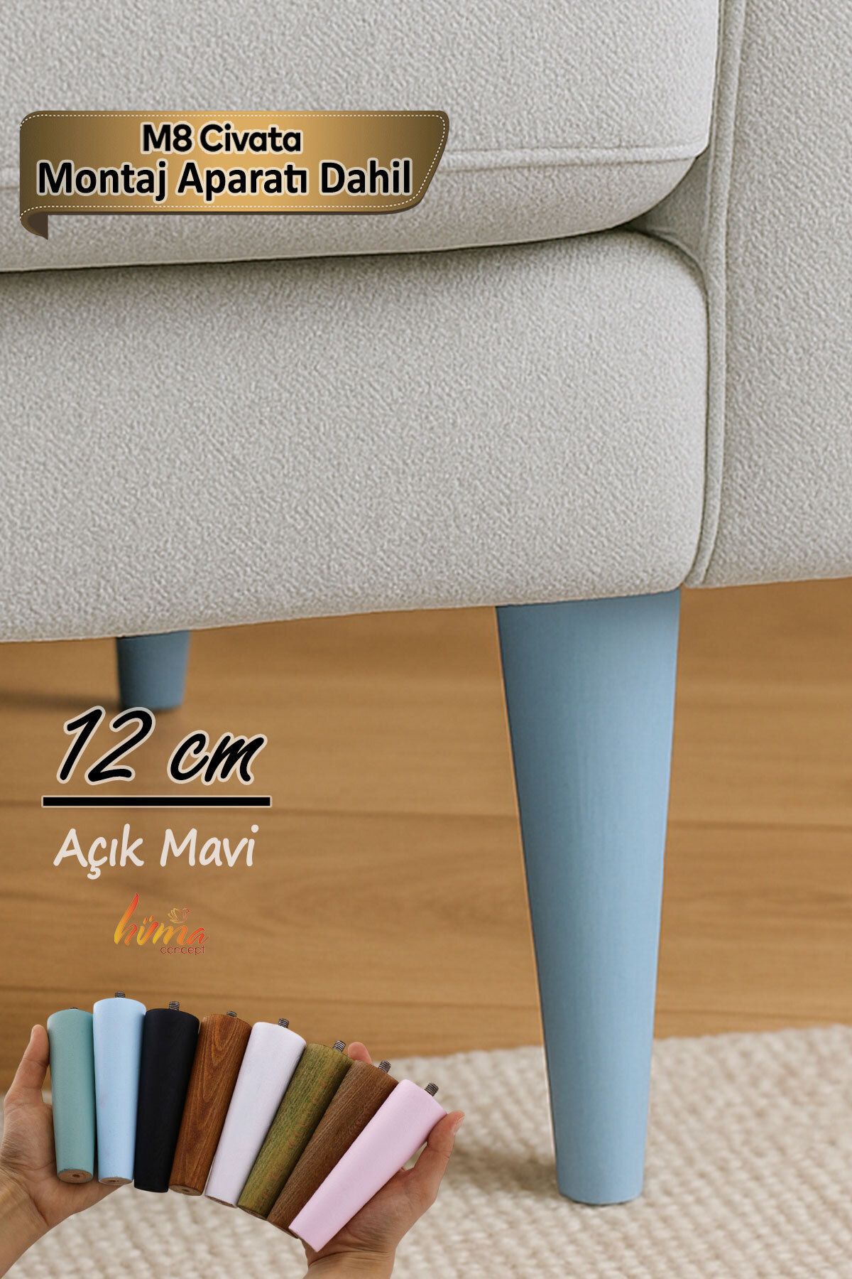 Mikasso Ahşap Ayak 12 Cm Açık Mavi M8 Civatalı Bağlantı Aparatlı Dolap Mobilya Koltuk Kanepe Destek Ayağı Ma