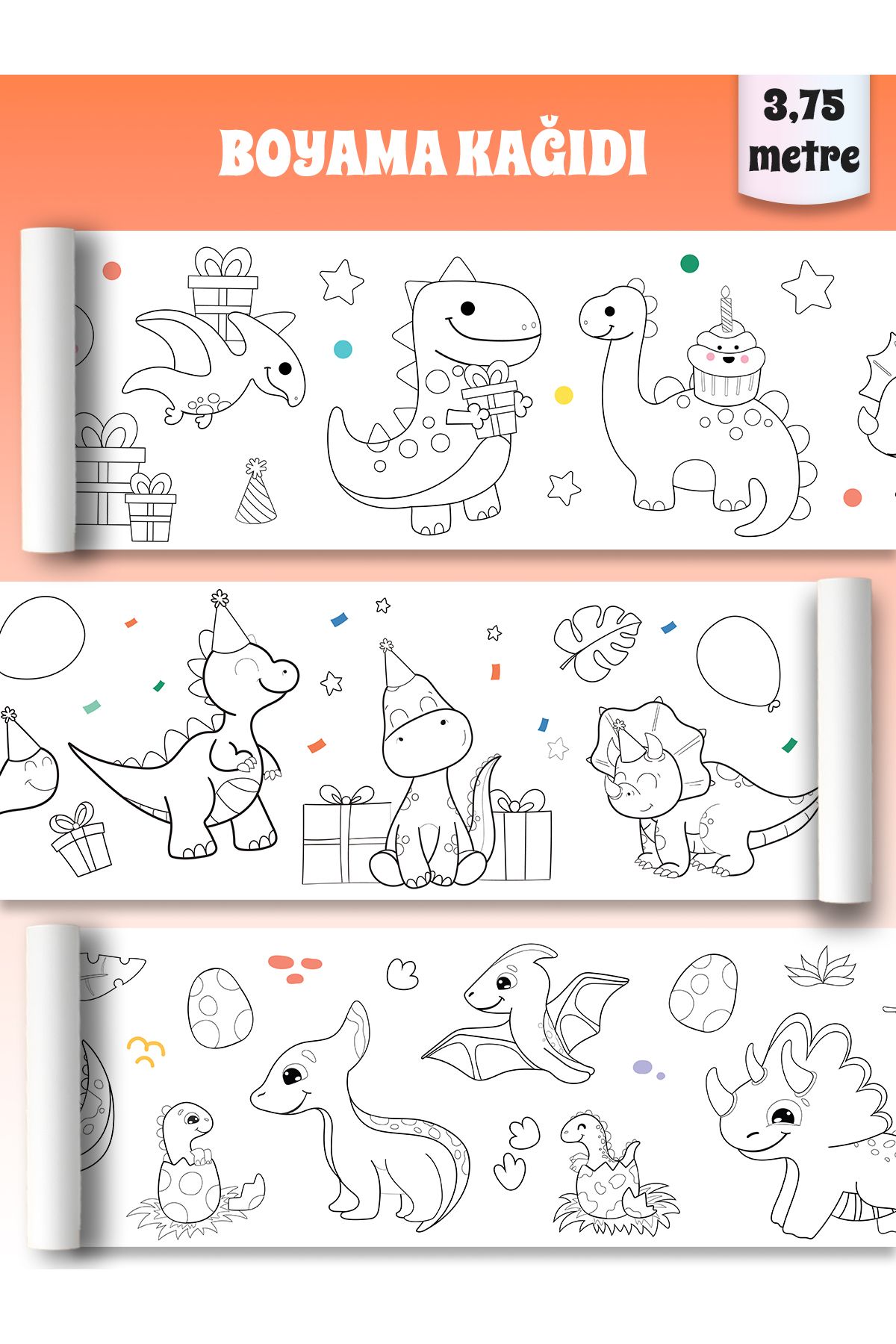 papermoods Sevimli Dinazorlar Temalı 3,75 Metre Rulo Boyama Kağıdı - Bebek Ve Çocuklar Için Eğitici Aktivite