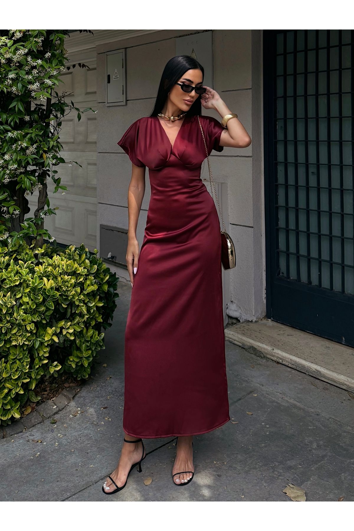LB Laluna Butik Kadın Göğüs Drapeli Ay Kol Uzun Saten Elbise