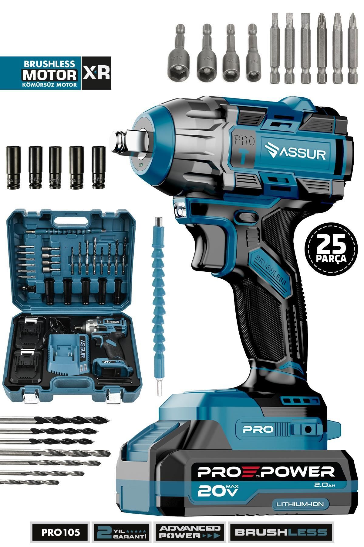 ASSUR Pro 21V Çift Akülü Vidalama Çelik Mandren Kömürsüz Motor Darbeli Şarjlı Matkap