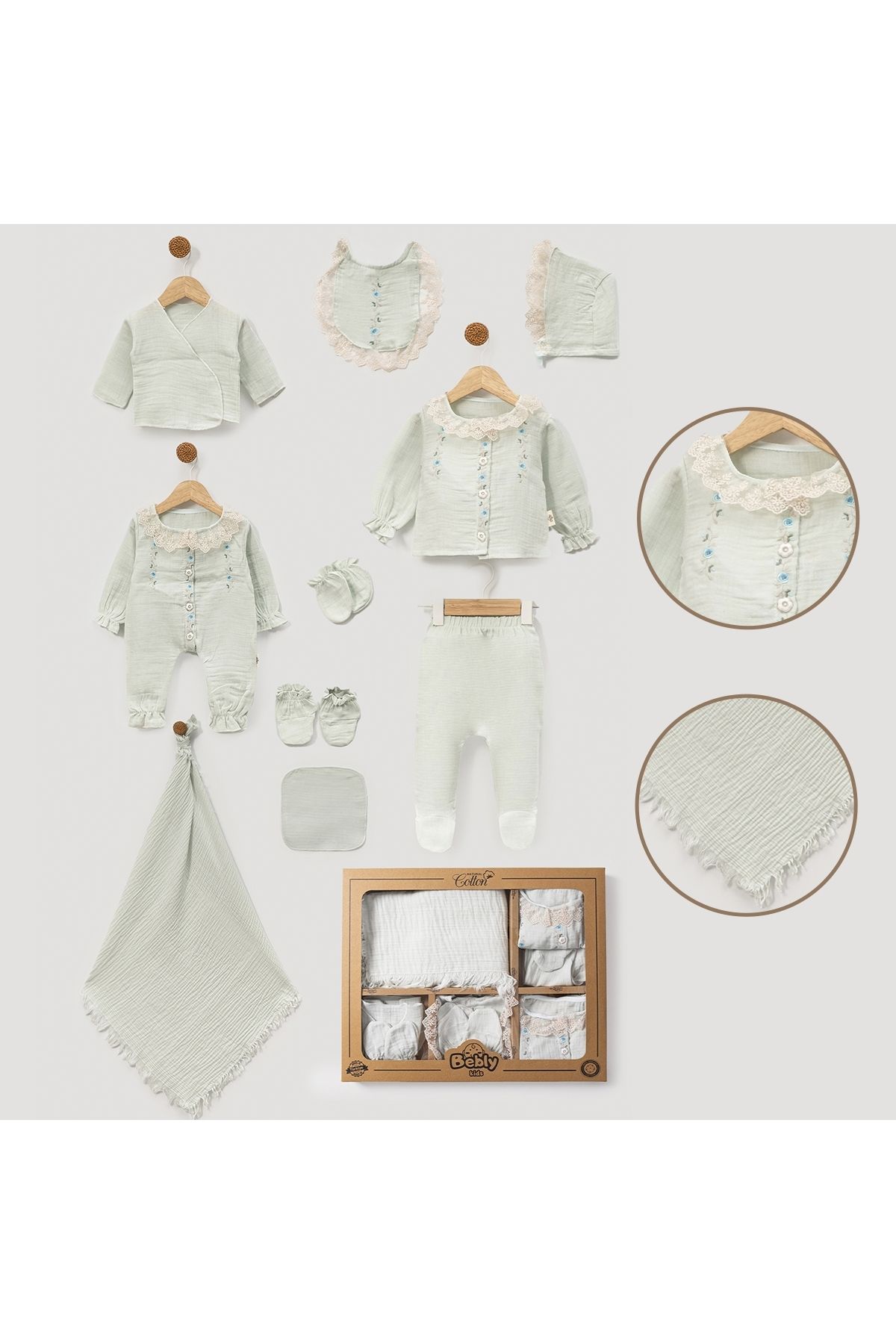 Pure Kids Store Kutulu %100 Organik Pamuk Müslin 10 Parça Kız Bebek Çiçek Nakış Dantelli Hastane Çıkış Seti
