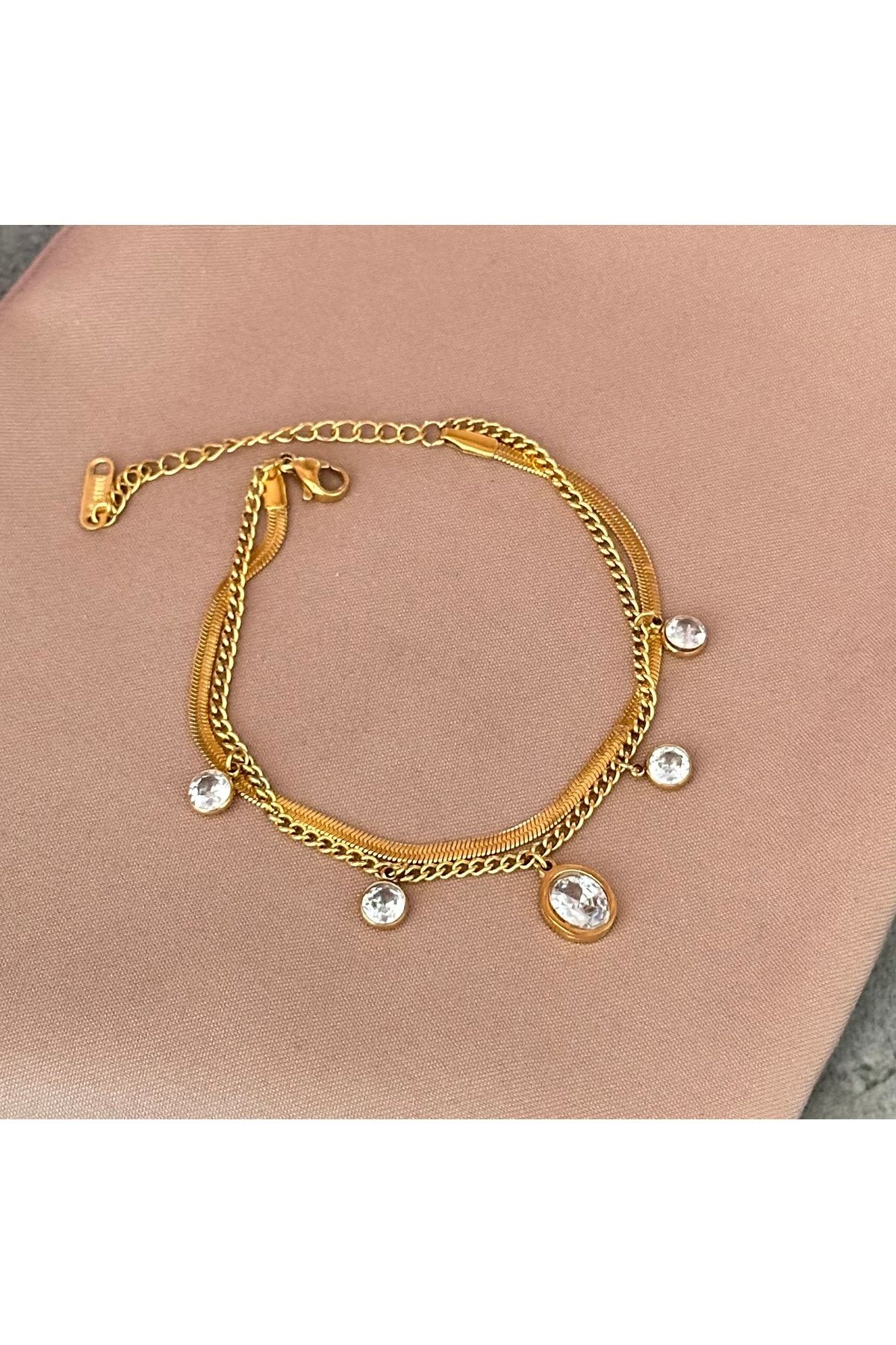 lolajewelry luxury steel zirkon taşlı İtalyan zincirli gold renk çelik bileklik