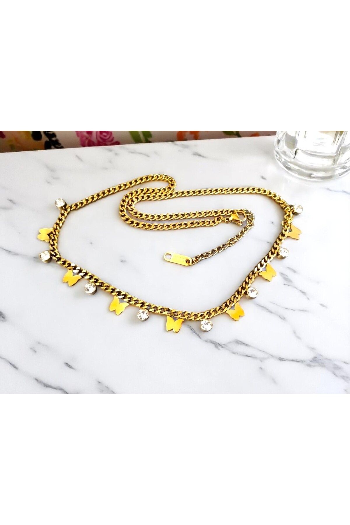 CLOVER JEWELRY Zirkon Taşlı Çelik Kelebek Kolye – Suya Dayanıklı, Kararma Yapmaz