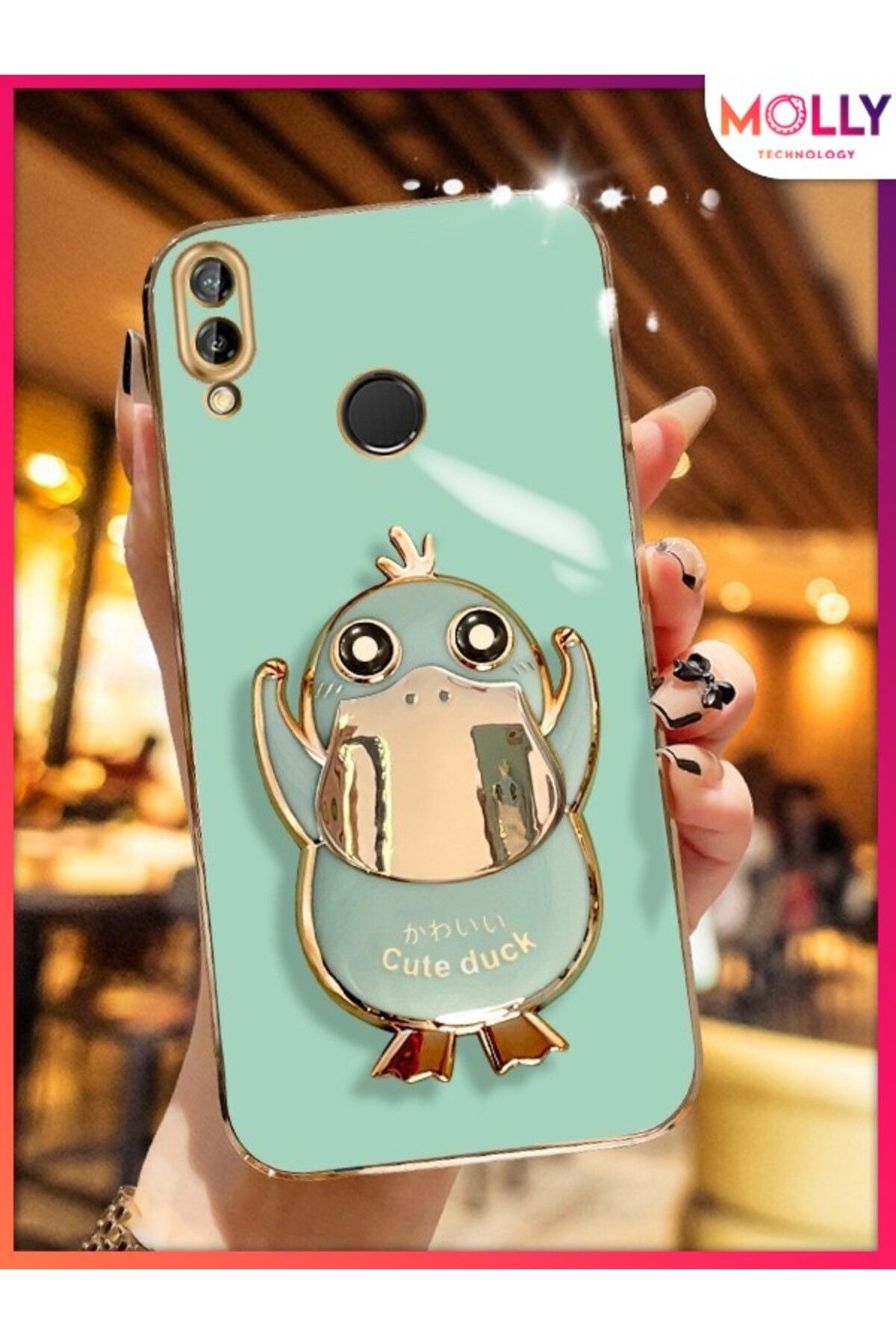 Molly Huawei P20 LİTE İçin Su Yeşili Sevimli Ördek Standlı Kenarları Gold Detaylı Lüks Silikon Kılıf