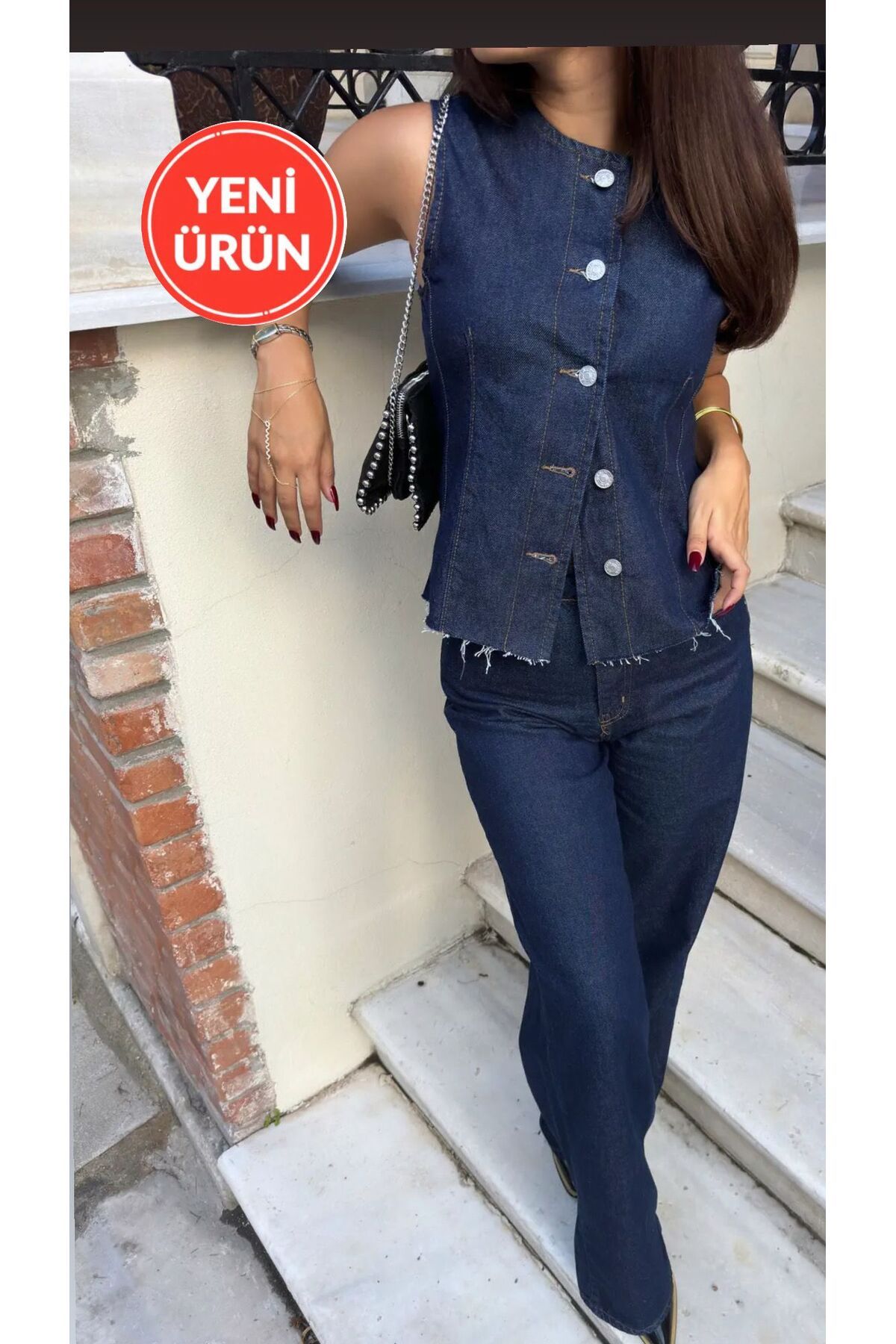 Perryes Kadın Basic Dikiş Detaylı Düğmeli Kot Takım Yelek-Pantolon