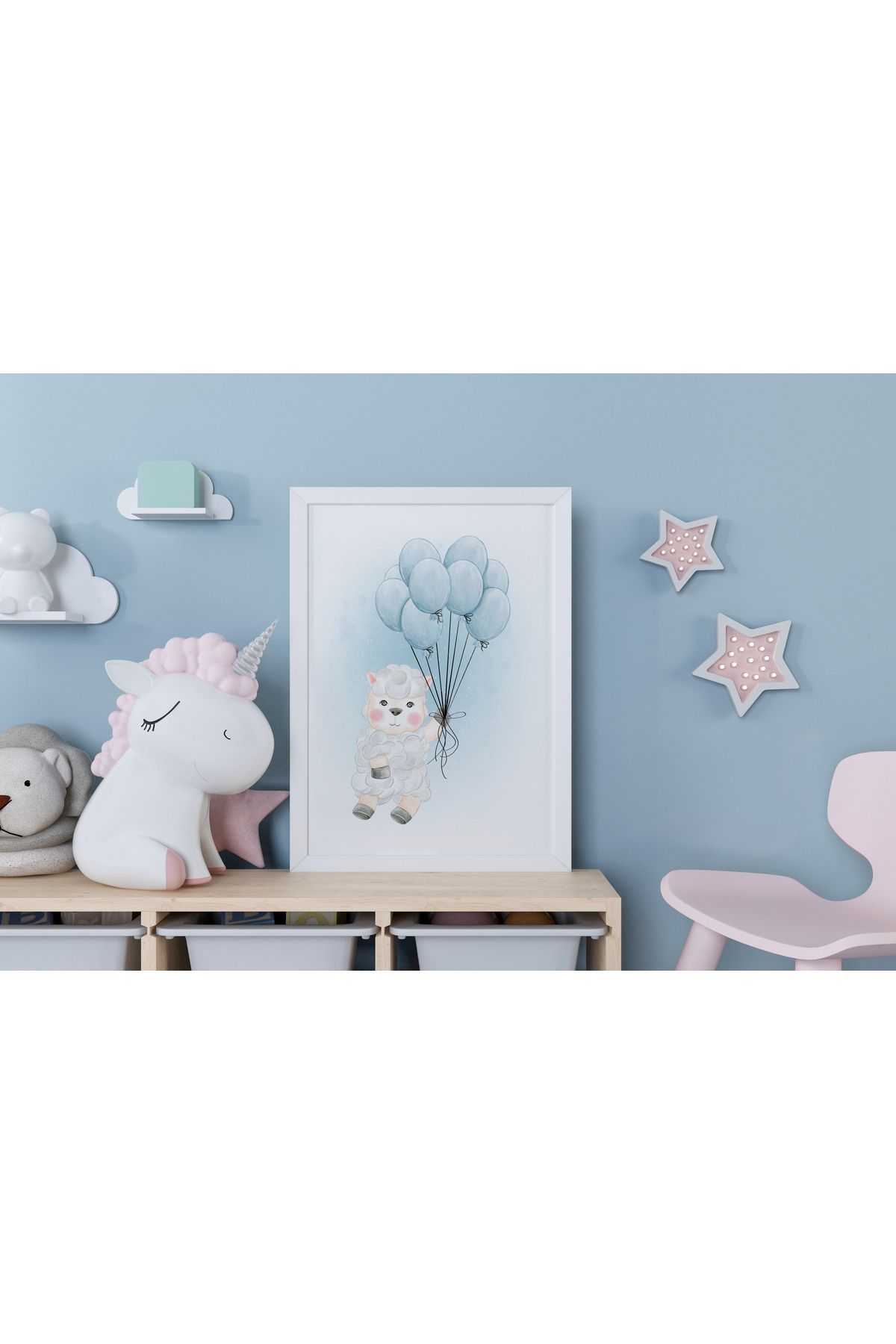 Home Balonlu Koyun Çerçeveli Çocuk ve Bebek Odası Tablosu