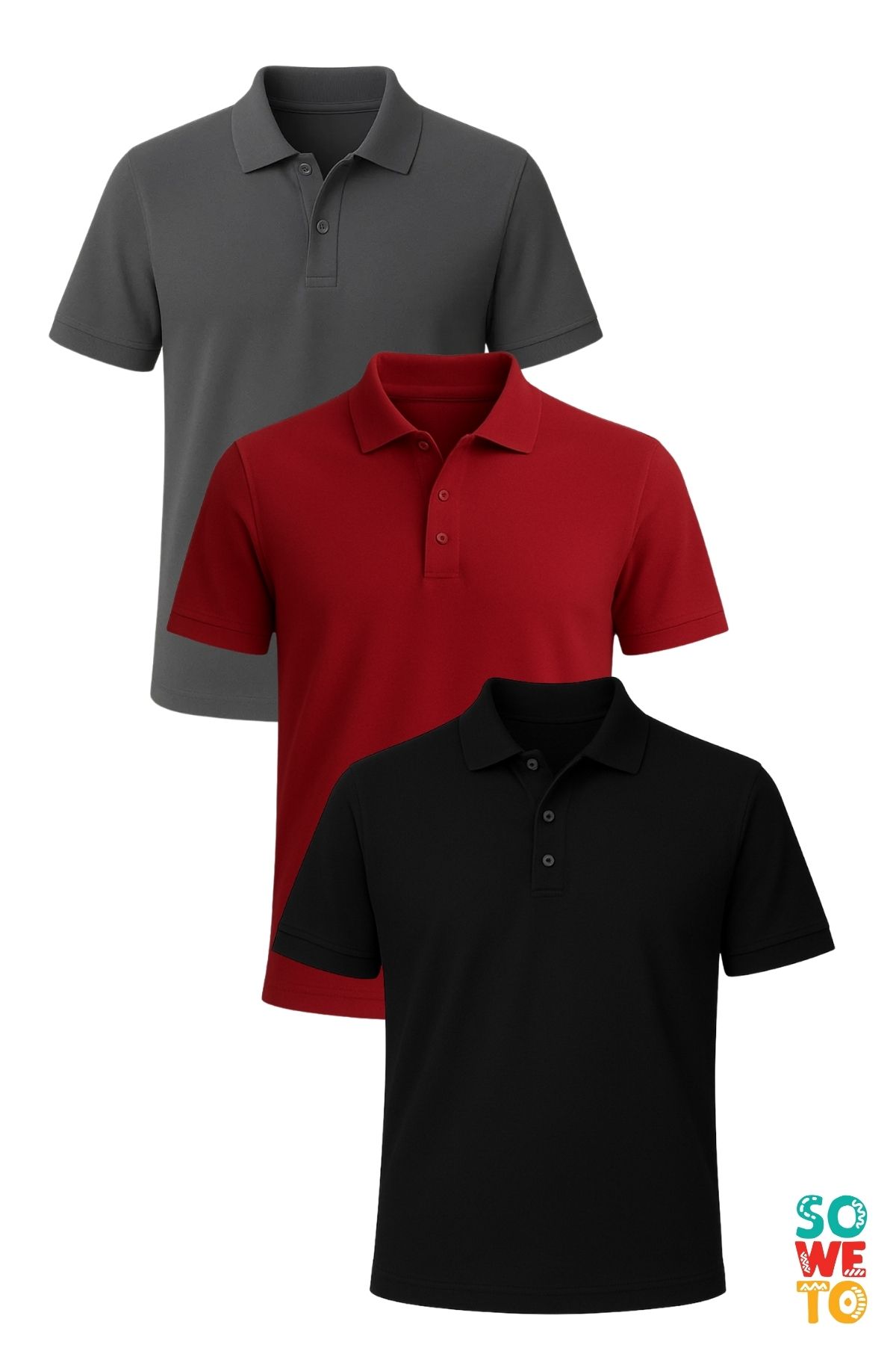 Soweto Erkek Düğmeli Kısa Kol Regular Fit %100 Pamuklu Polo Yaka 3'lü Basic T-Shirt