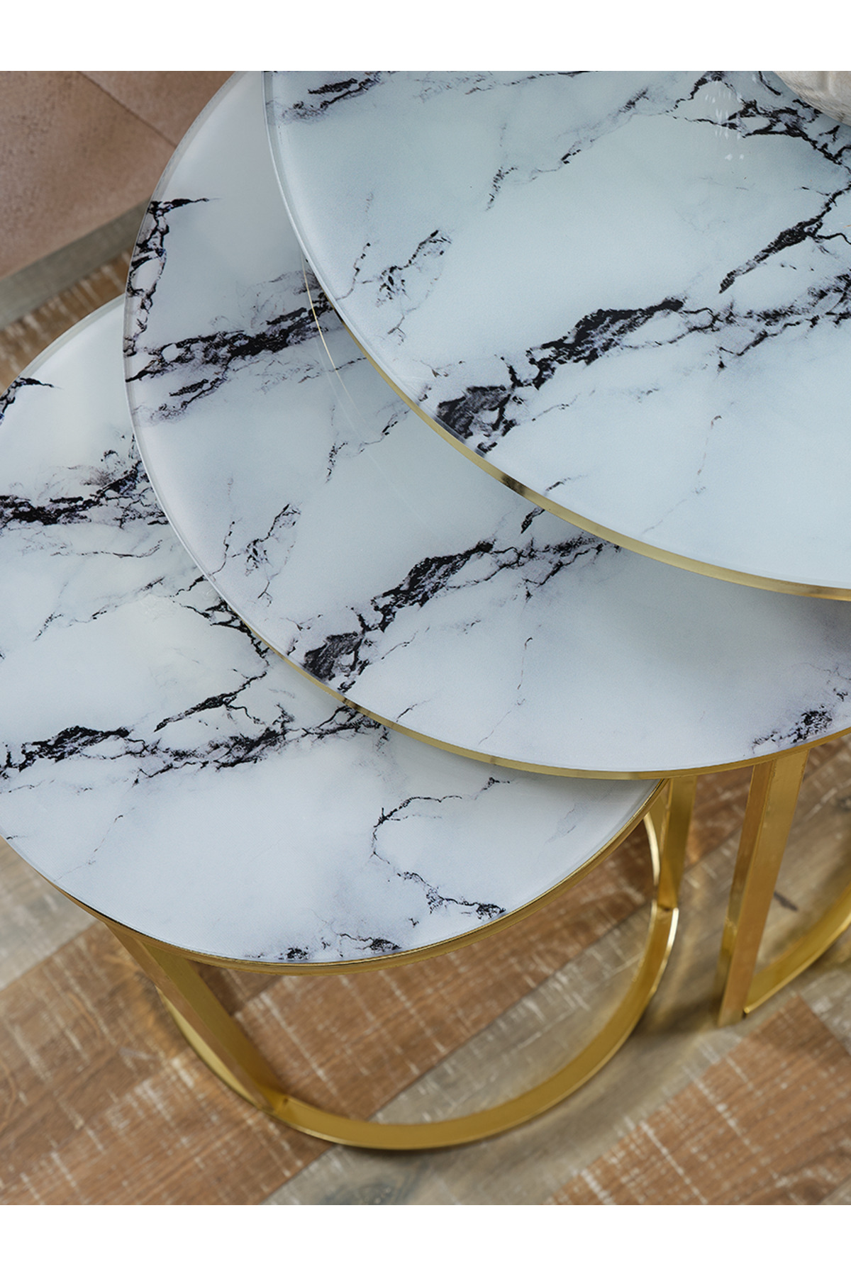 3 ADET Beyaz Mermer Temperli Cam Gold Metal Zigon Sehpa sedaş-lıvıng-unıts-sehpa-zigon
