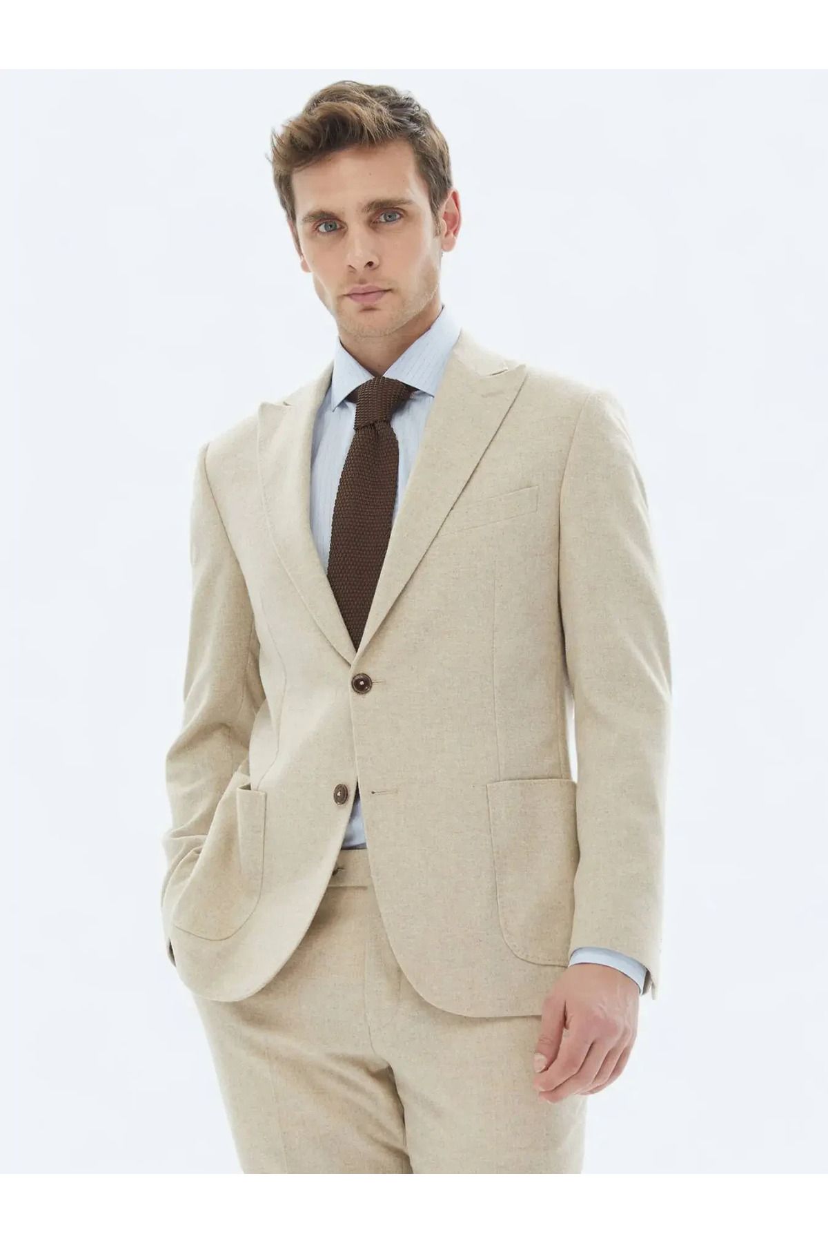 Kip Bej Düz Modern Fit Yün Karışımlı Takım Elbise