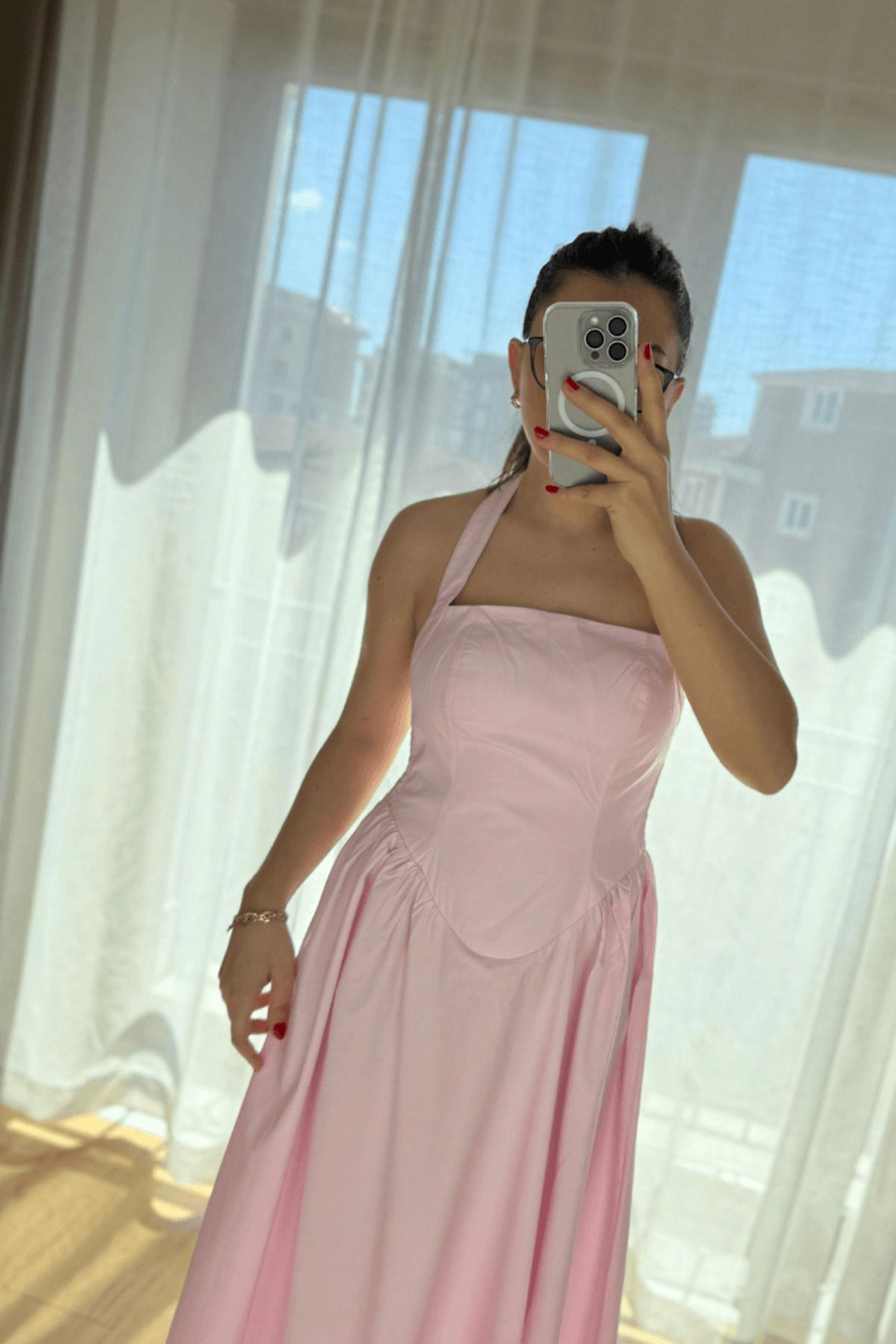 SEHOCO BUTİK Pembe Boyundan Askılı Elbise