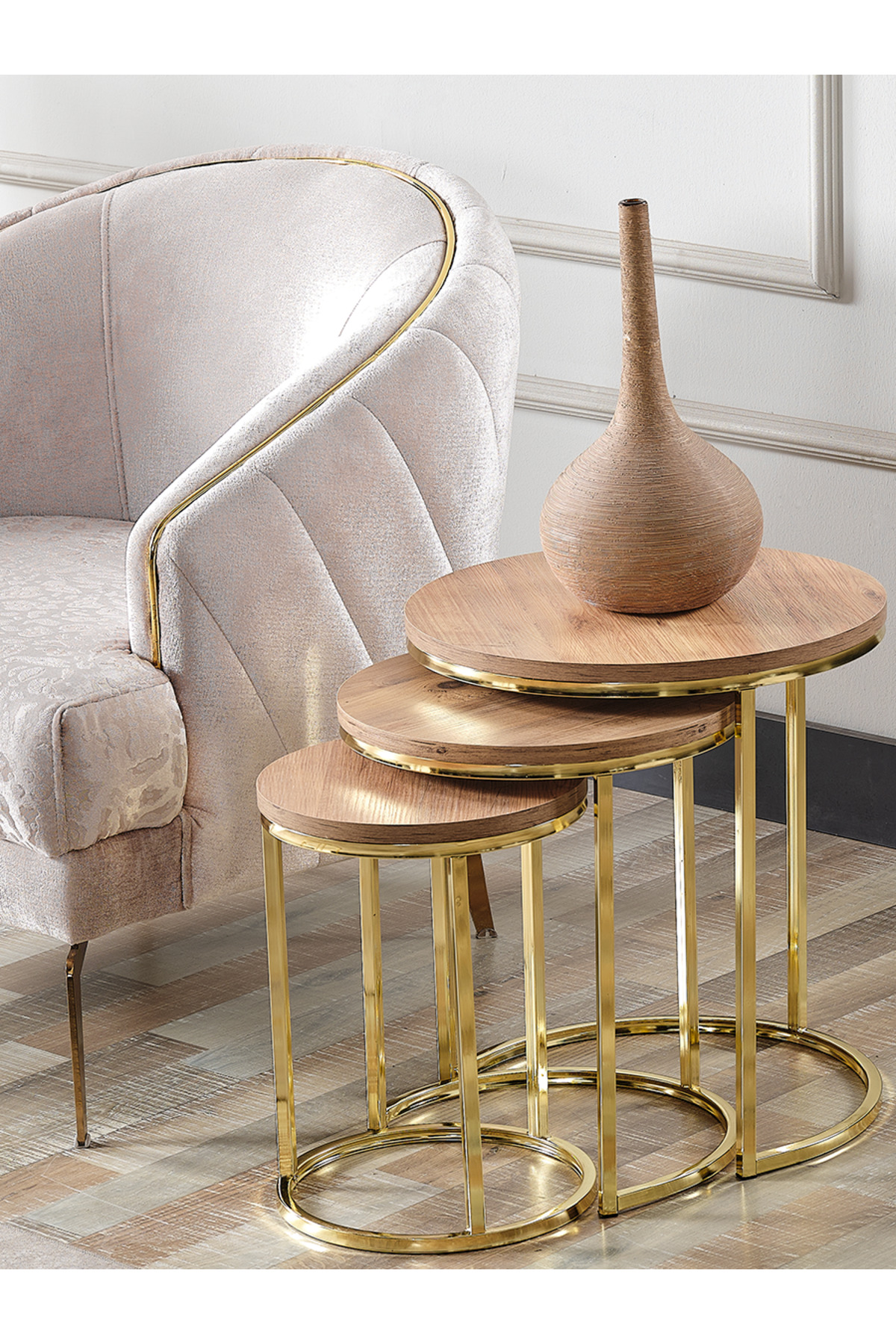 3 ADET ZİGON Açık Ceviz Suntalam Gold Metal Ayak Zigon Sehpa sedaş-living-units-sehpa-zigon