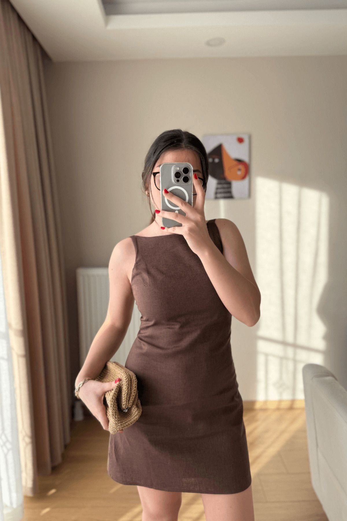 SEHOCO BUTİK Kahverengi Keten Elbise