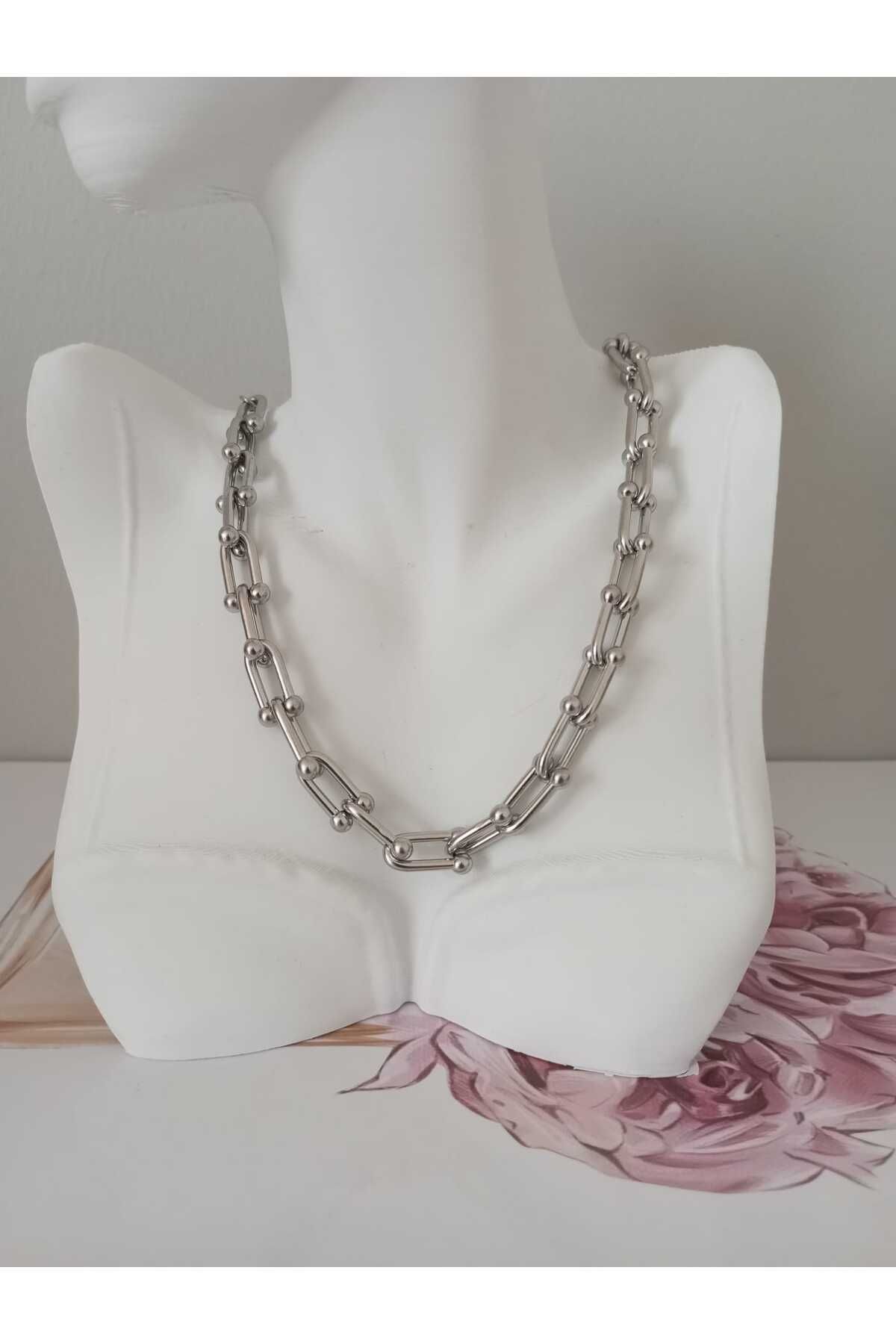 sessjewelry Kadın çelik silver kalın zincir model kolye