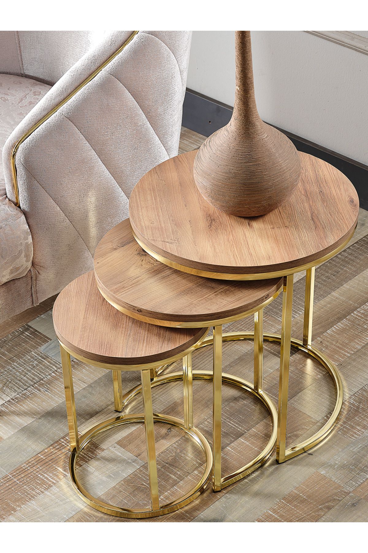 SEDAŞ LIVING UNITS 3 ADET ZİGON Açık Ceviz Suntalam Gold Metal Ayak Zigon Sehpa sedaş-living-units-sehpa-zigon