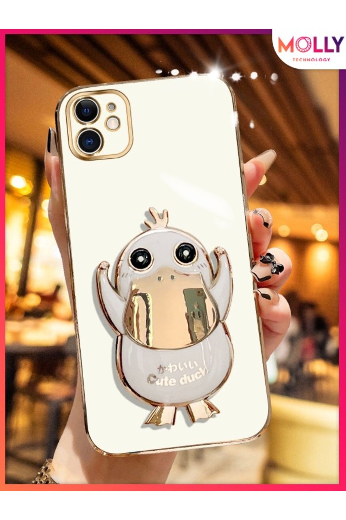 Molly iPhone 11 İçin İnci Beyazı Sevimli Ördek Standlı Kenarları Gold Detaylı Lüks Silikon Kılıf