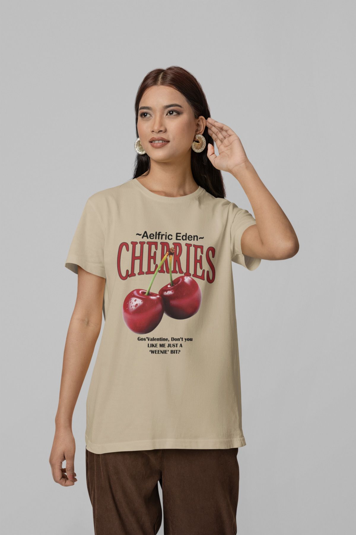 NEVERMIND Unisex Erkek/Kadın CHERRIES Özel Baskılı Oversize Pamuklu Bisiklet Yaka T-Shirt