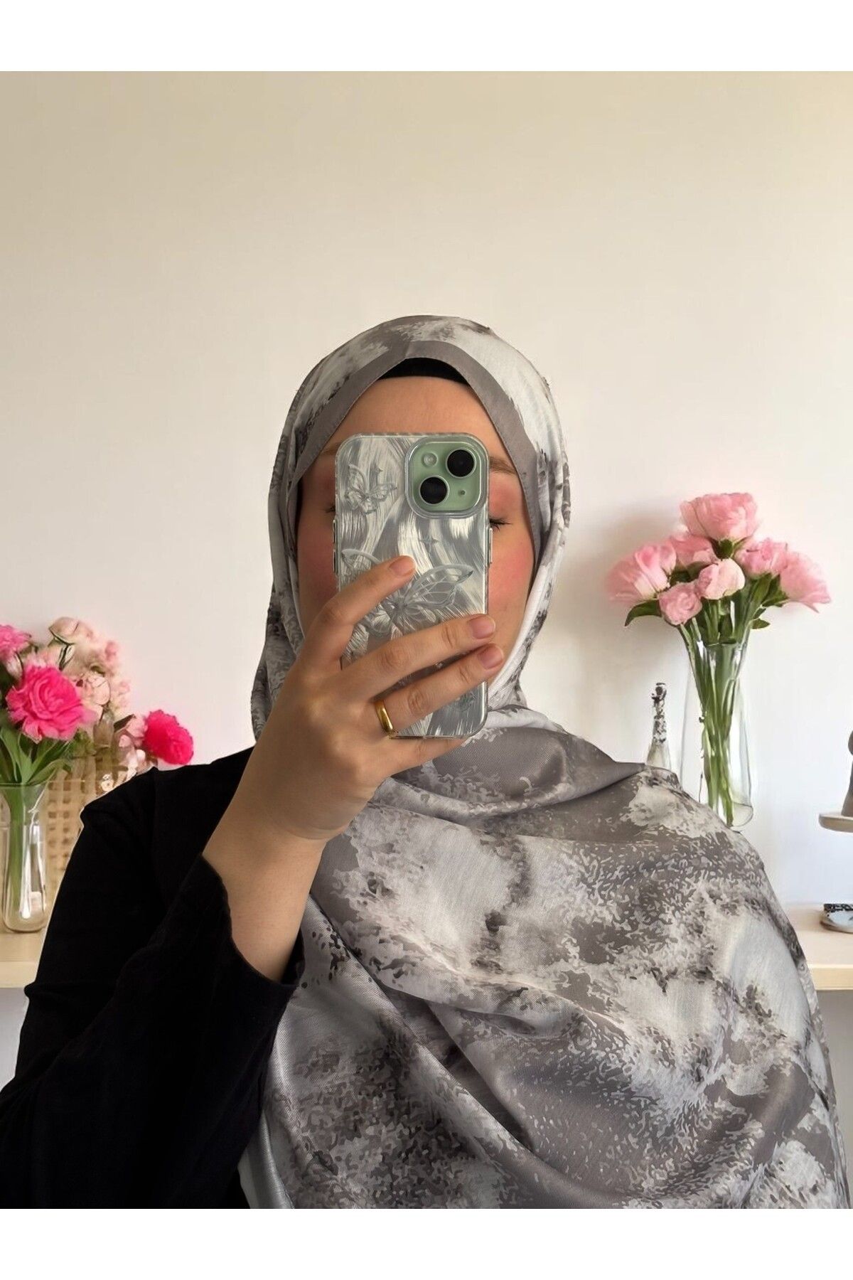 Lavena scarfs Bohem Serisi Bohem Desen Pamuklu Dijital Soft Şal - Gri