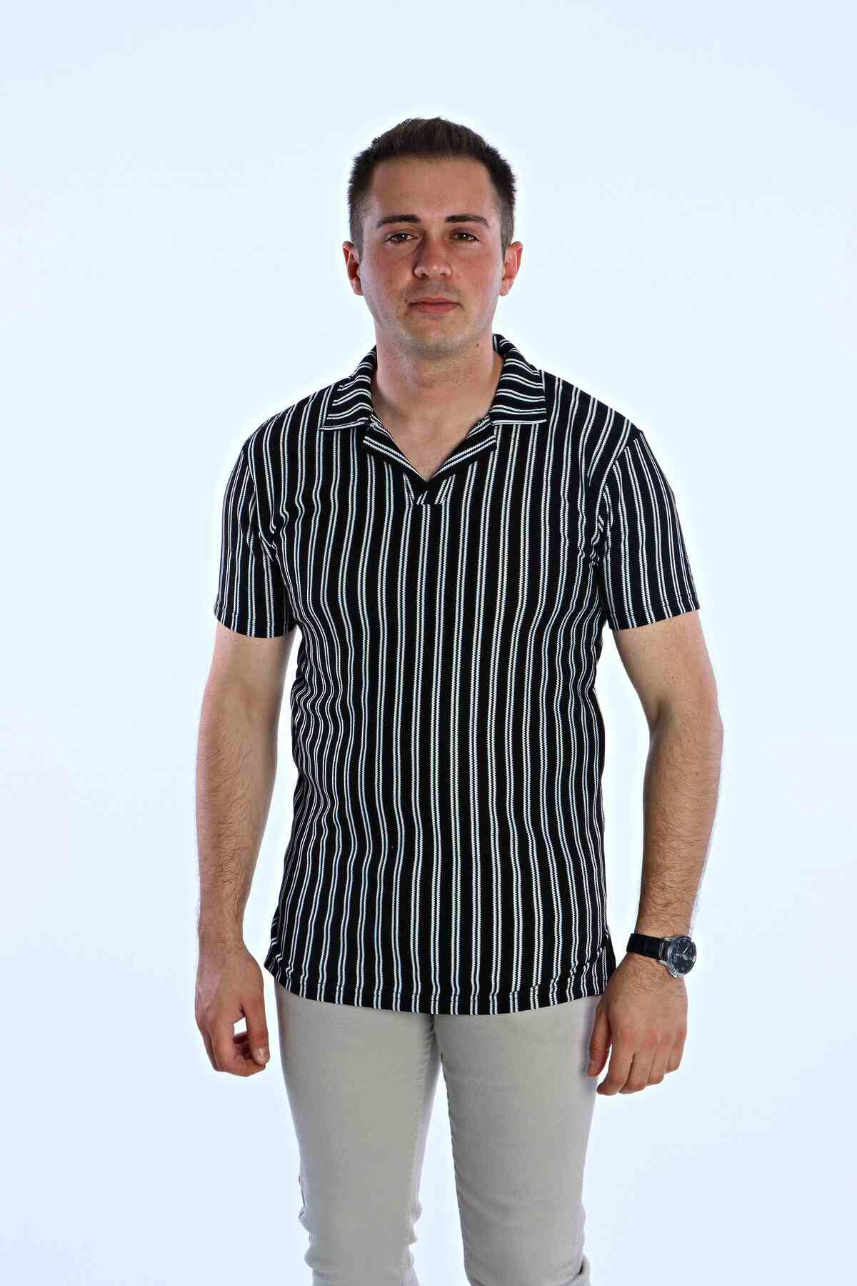 eg38 Syf Hemşire Yaka Çizgili Tişört Siyah