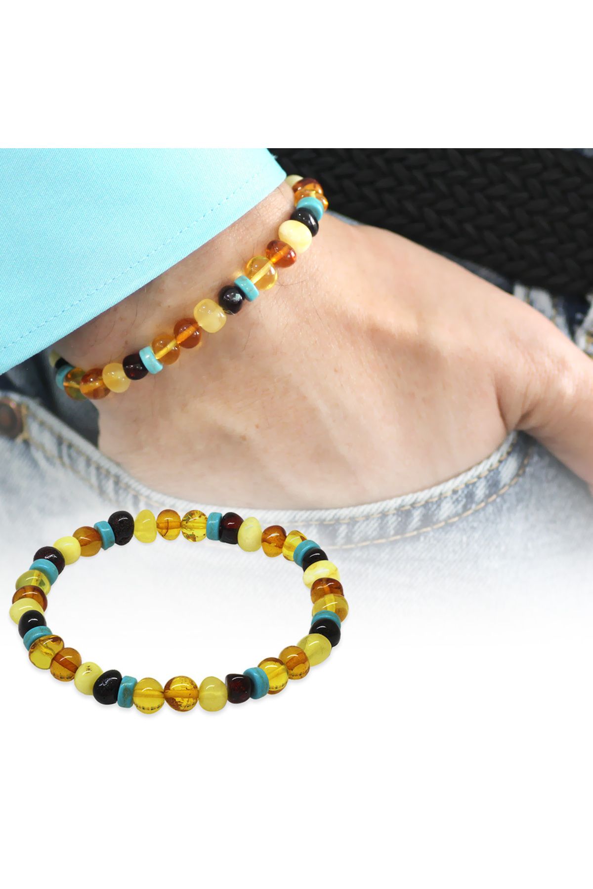 Tesbihane Multicolor Renk Firuze Doğaltaş Süslemeli Natural Form Doğal Damla Kehribar Erkek Bileklik