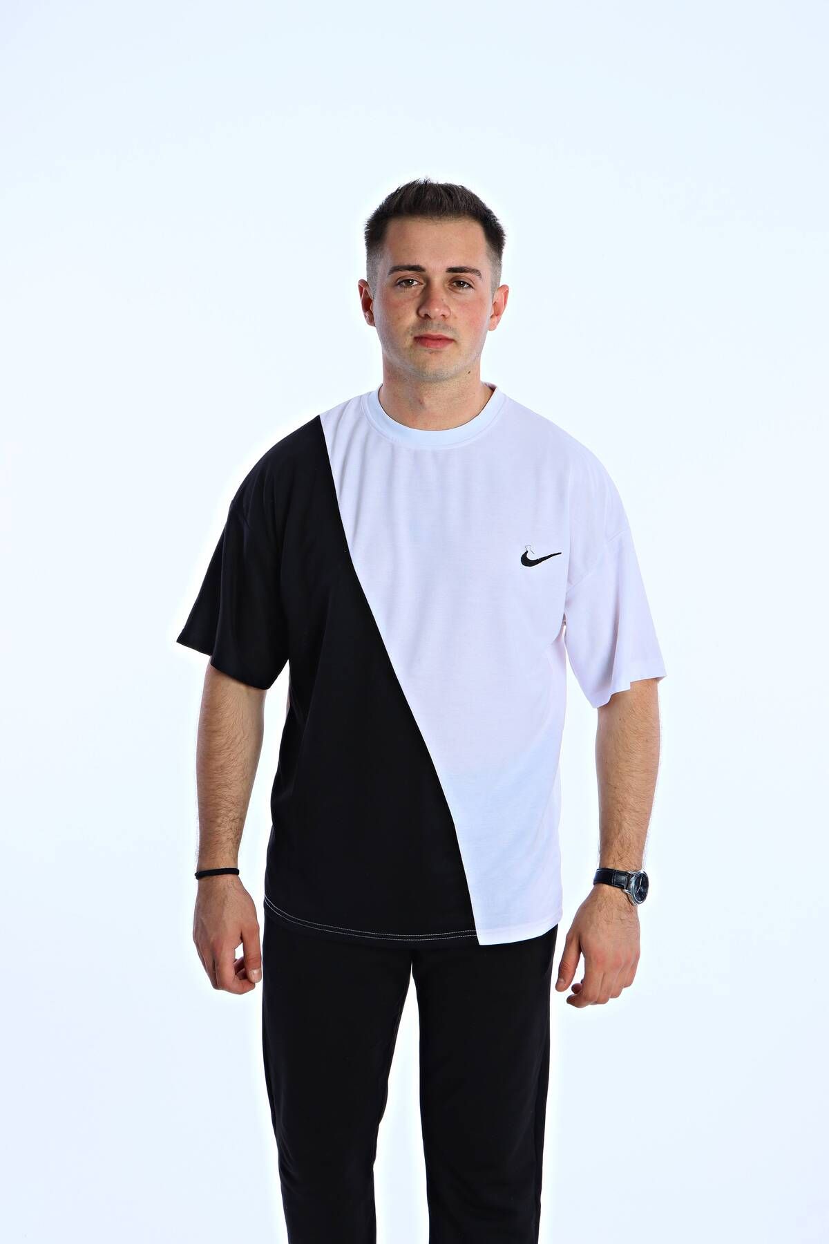 eg38 Gng Çapraz Parçalı Oversize Tişört Beyaz