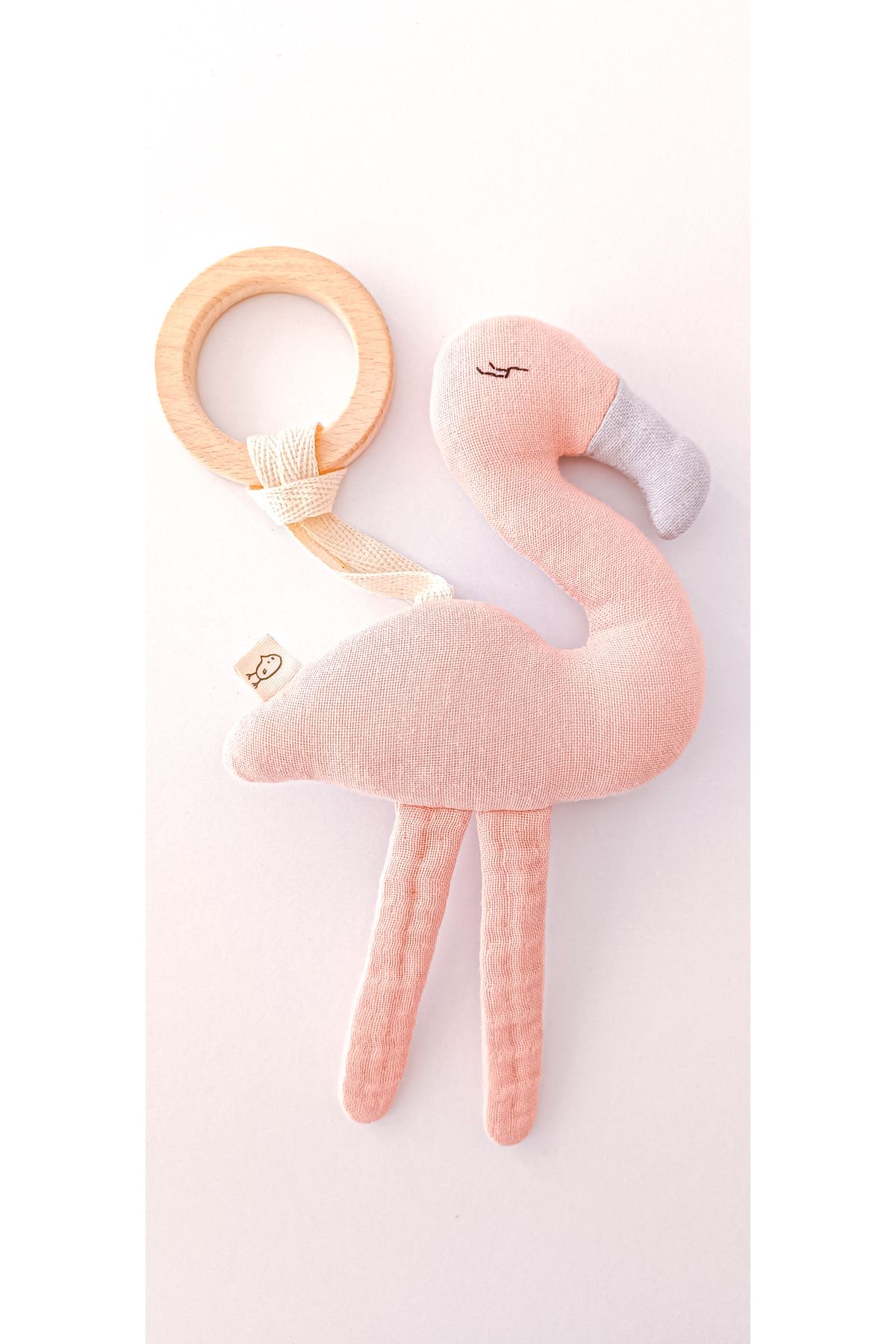 O&G Collection Sevimli Flamingo%100 Pamuklu Müslin Oyuncaklı Doğal Ahşap Diş Kaşıyıcı / Bebek Odası Dekoru