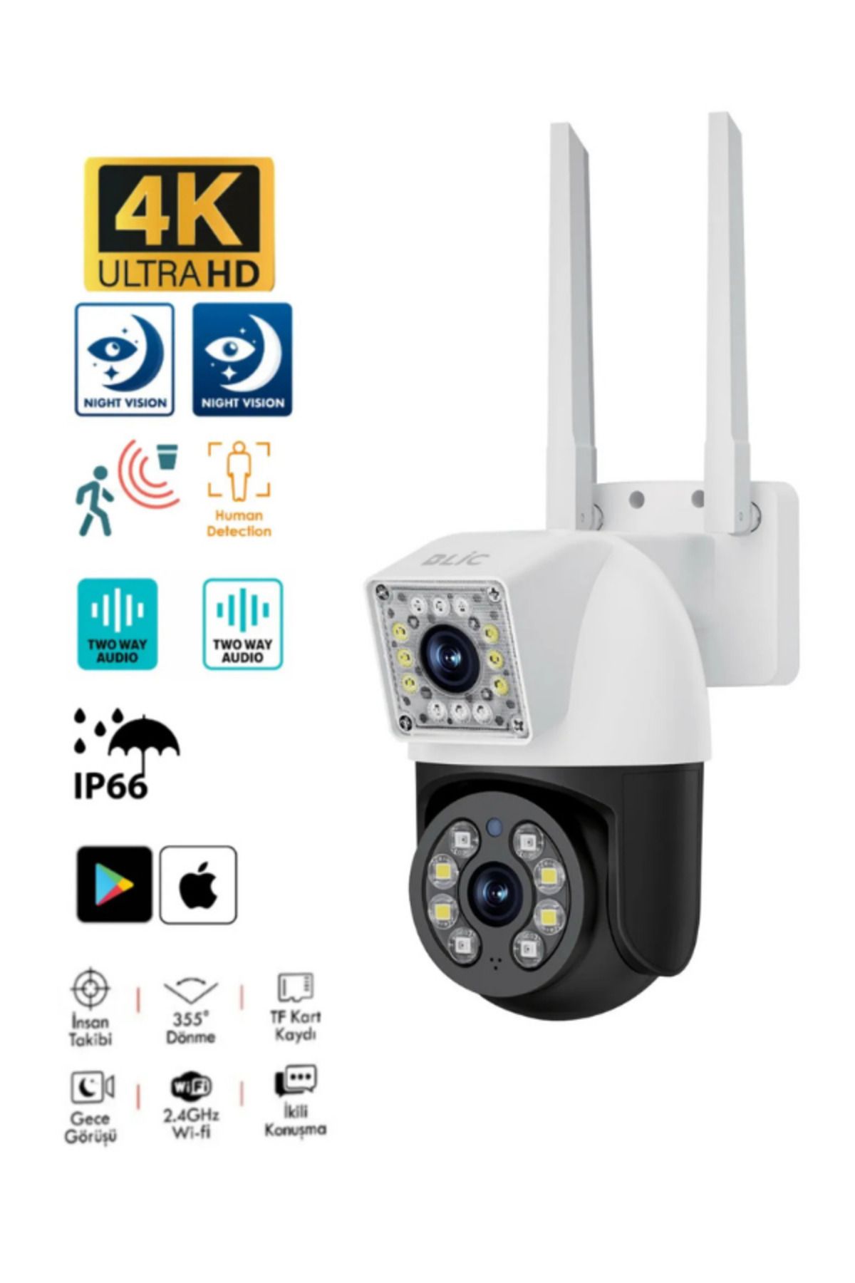 Hietech 4MP İç ve Dış Mekan Uyumlu IP Kamera IP66 Sertifikalı Hareket Takip Dual Lens Güvenlik KamerasıBLM76