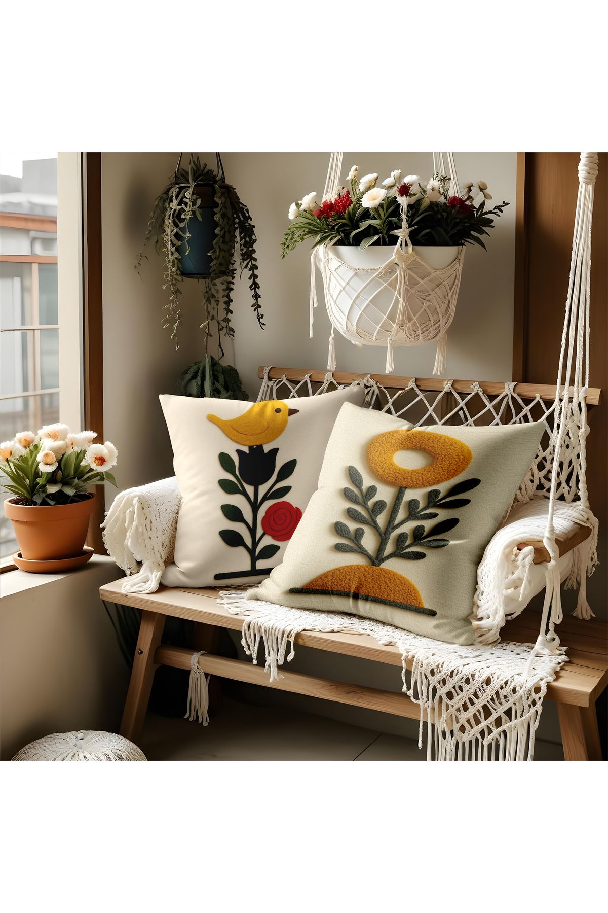 ALAMODECOR Punch Nakış Desen Çift Taraflı Dijital Baskılı Bohem Çiçek ve Kanarya Temalı 2li Kırlent Kılıfı