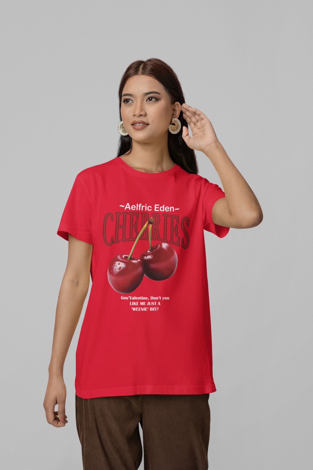 NEVERMIND Unisex Erkek/Kadın CHERRIES Özel Baskılı Oversize Pamuklu Bisiklet Yaka T-Shirt