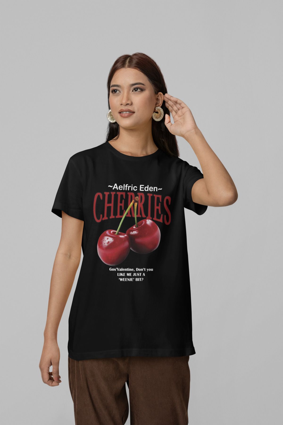 NEVERMIND Unisex Erkek/Kadın CHERRIES Özel Baskılı Oversize Pamuklu Bisiklet Yaka T-Shirt
