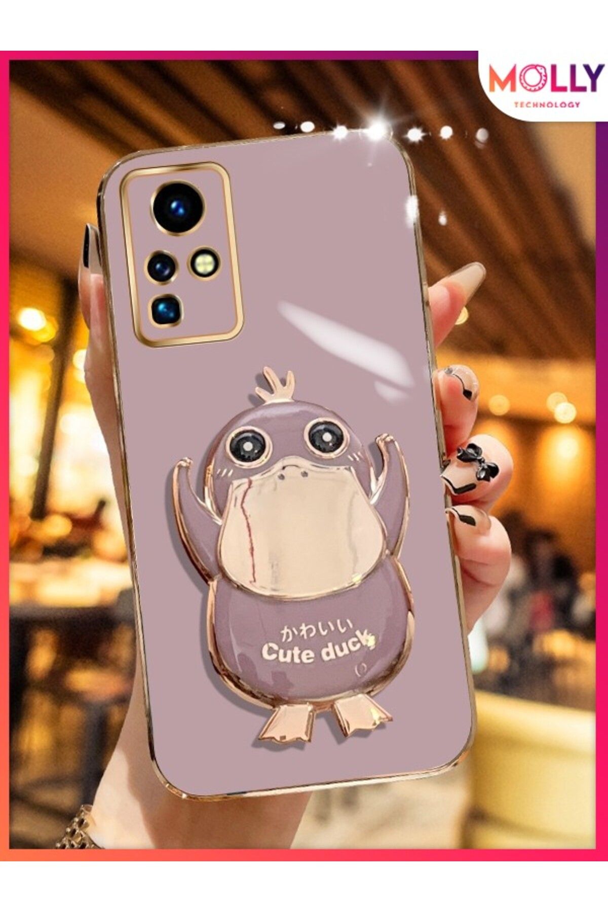 Molly İnfinix ZERO X PRO İçin Lila Sevimli Ördek Standlı Kenarları Gold Detaylı Lüks Silikon Kılıf