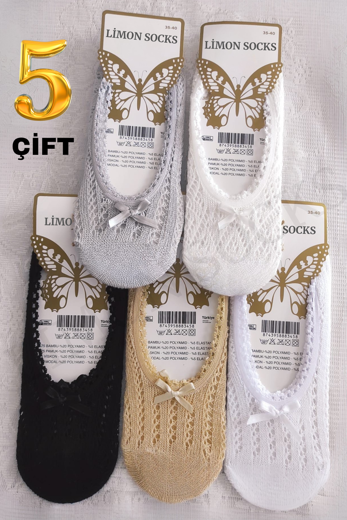 Kadın Fiyonklu Babet Çorap (5 ÇİFT) Dantel Model Kısa Çorap Seti — görsel 4 · DANTELBABETCORAP2