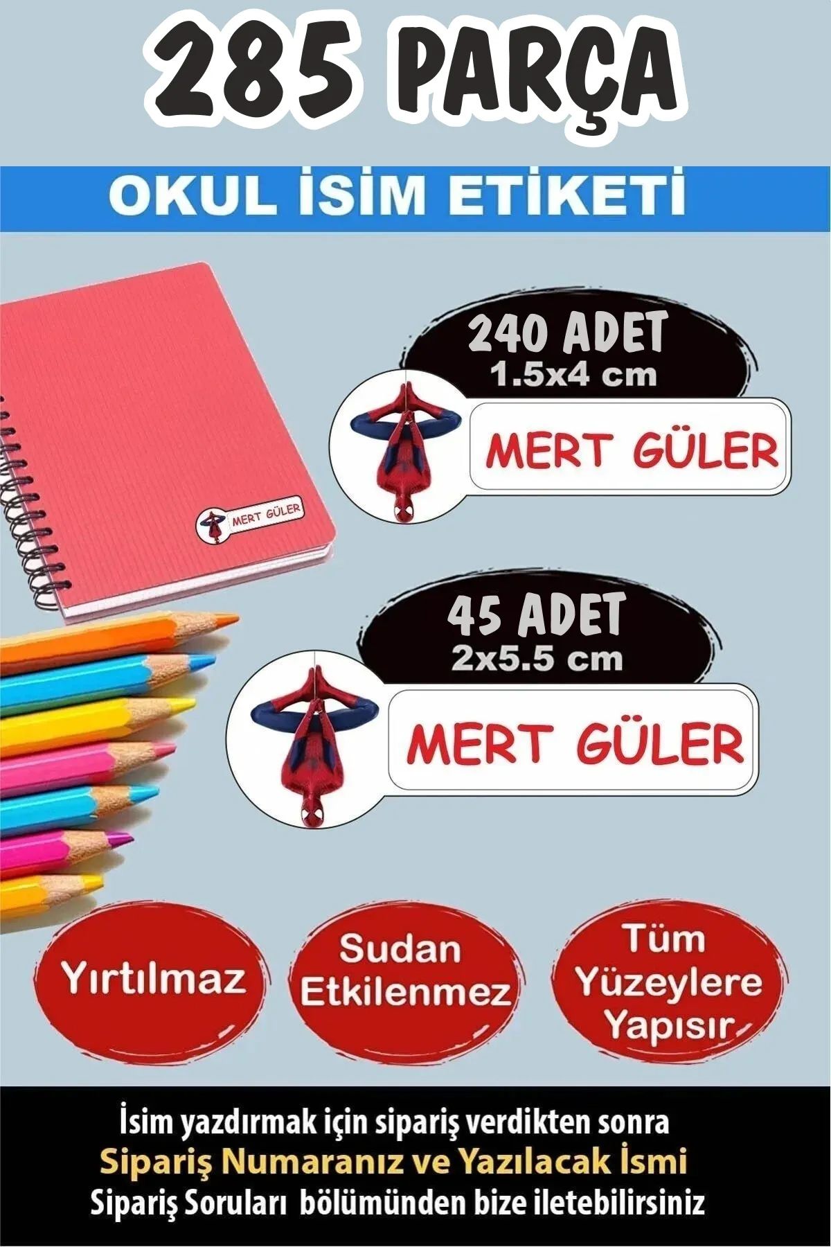 KT Decor Okul Kalem Defter Etiketi Spider İsimli Etiket 2 Figür - 285 Adet