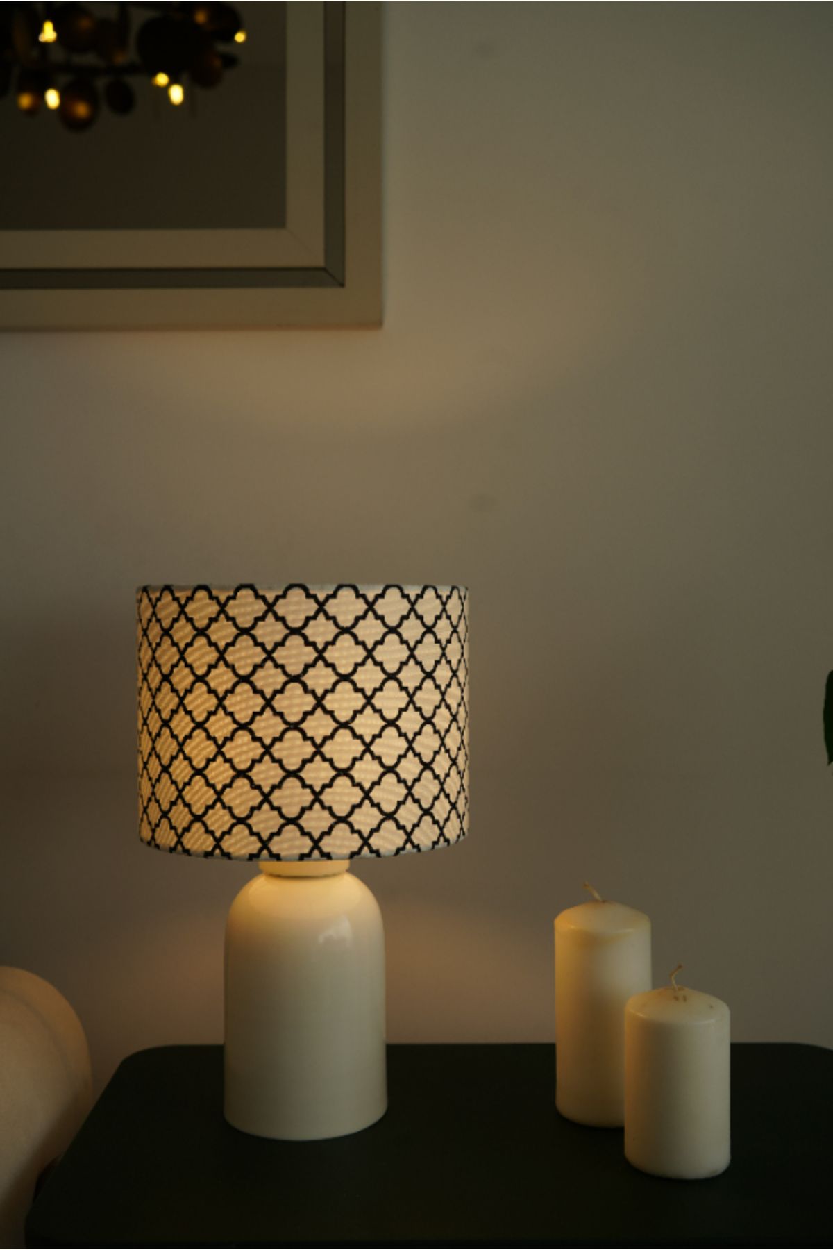 retro home design Krem Ayaklı Siyah Detaylı Baskı Kumaş Şapkalı Şık Yatak Odası Salon Abajur Özel Modern