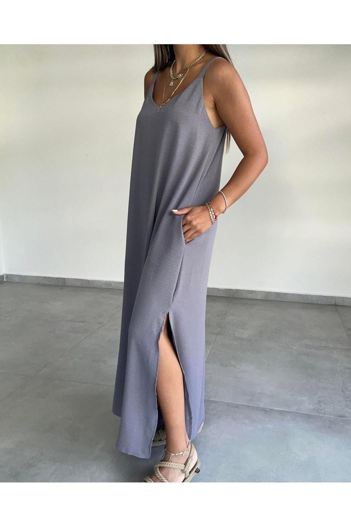 VOGUEMET Kadın Ayrobin Kumaş Cepli Uzun Elbise | Yırtmaçlı | Askılı | Yazlık Rahat Model