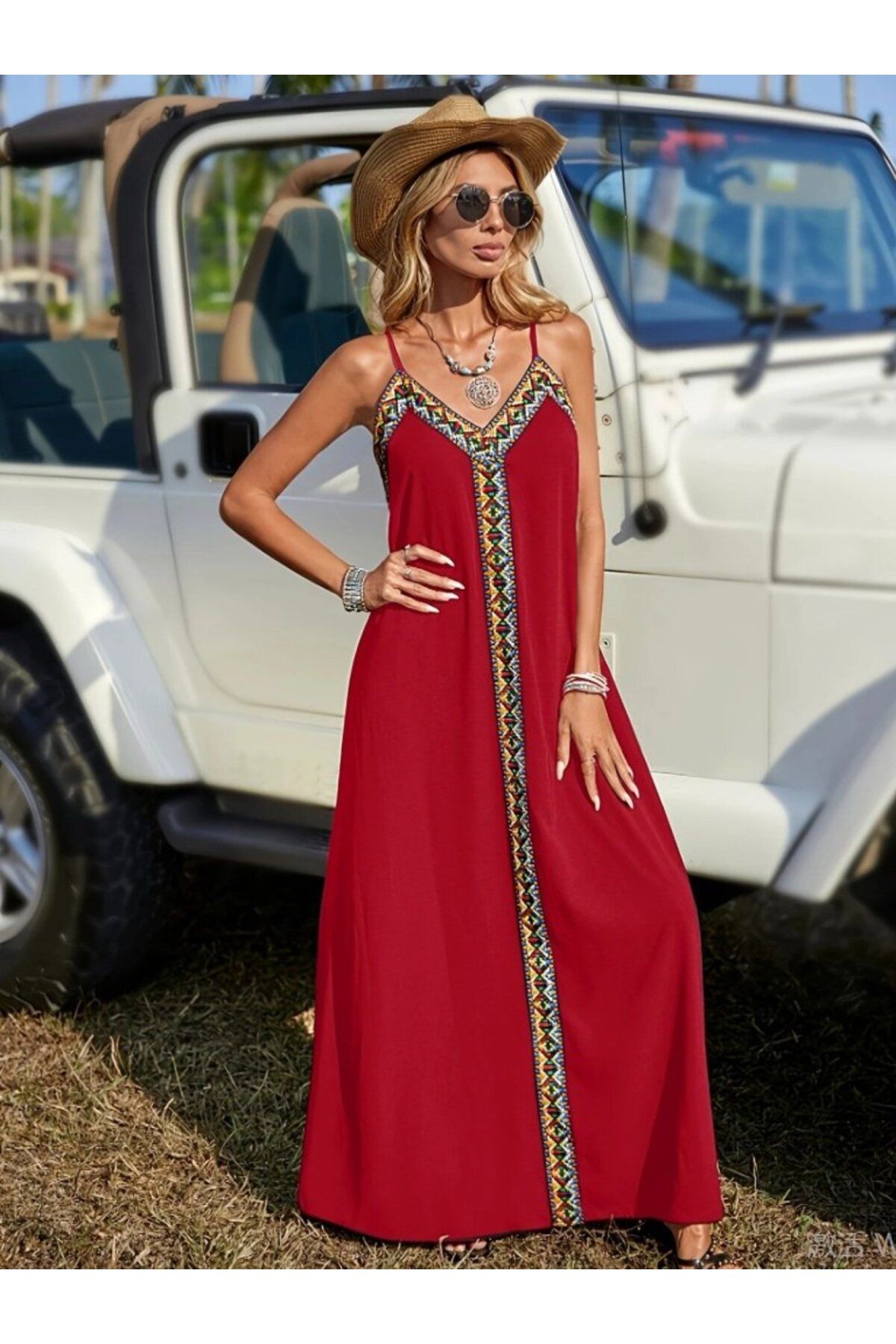 velmorafashion Kadın Askılı V Yakalı Etnik şerit Detaylı Uzun Viskon Elbise