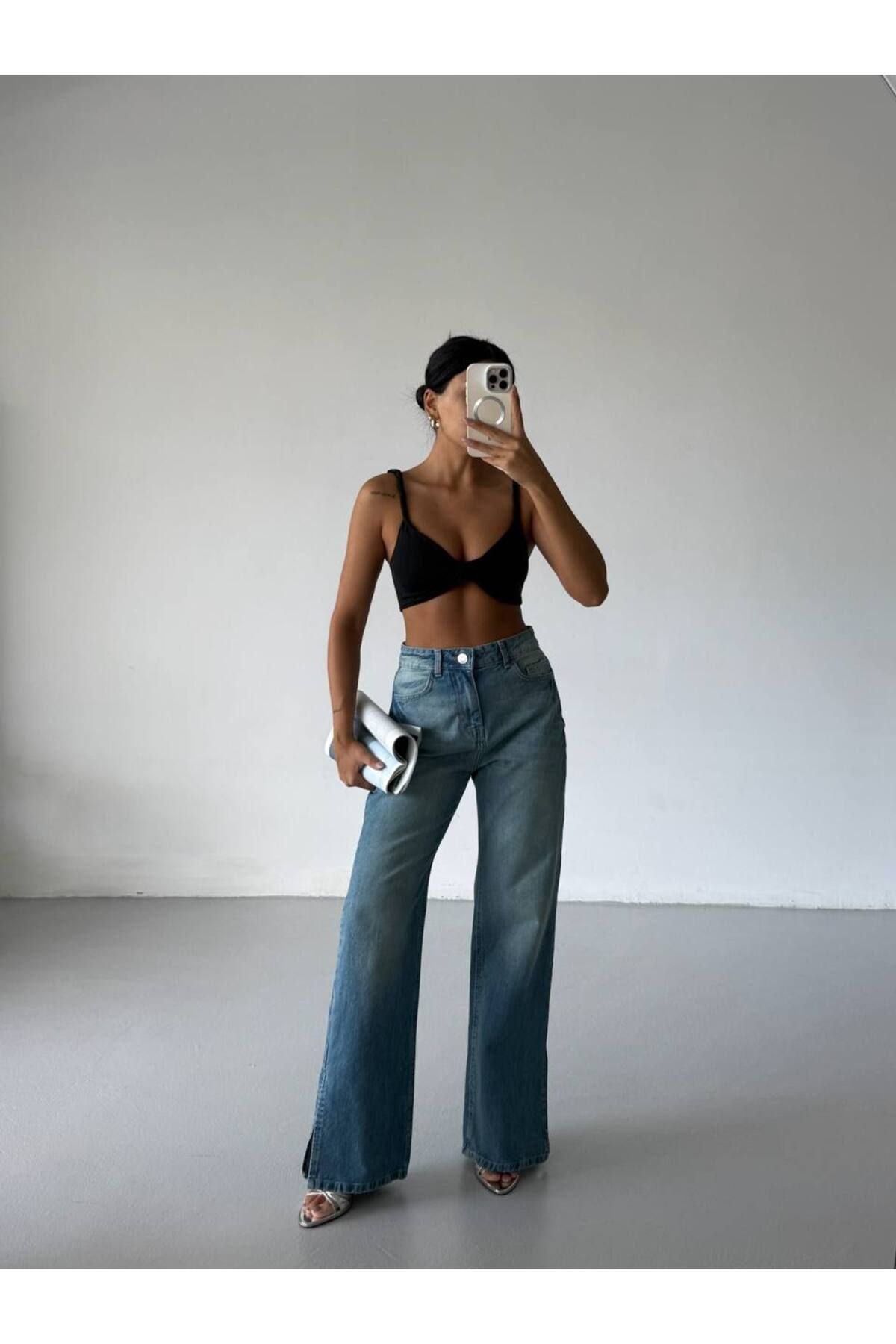 Castivo Fashion Paça Yırtmaçlı Yüksek Bel Wide Leg Jean Pantolon
