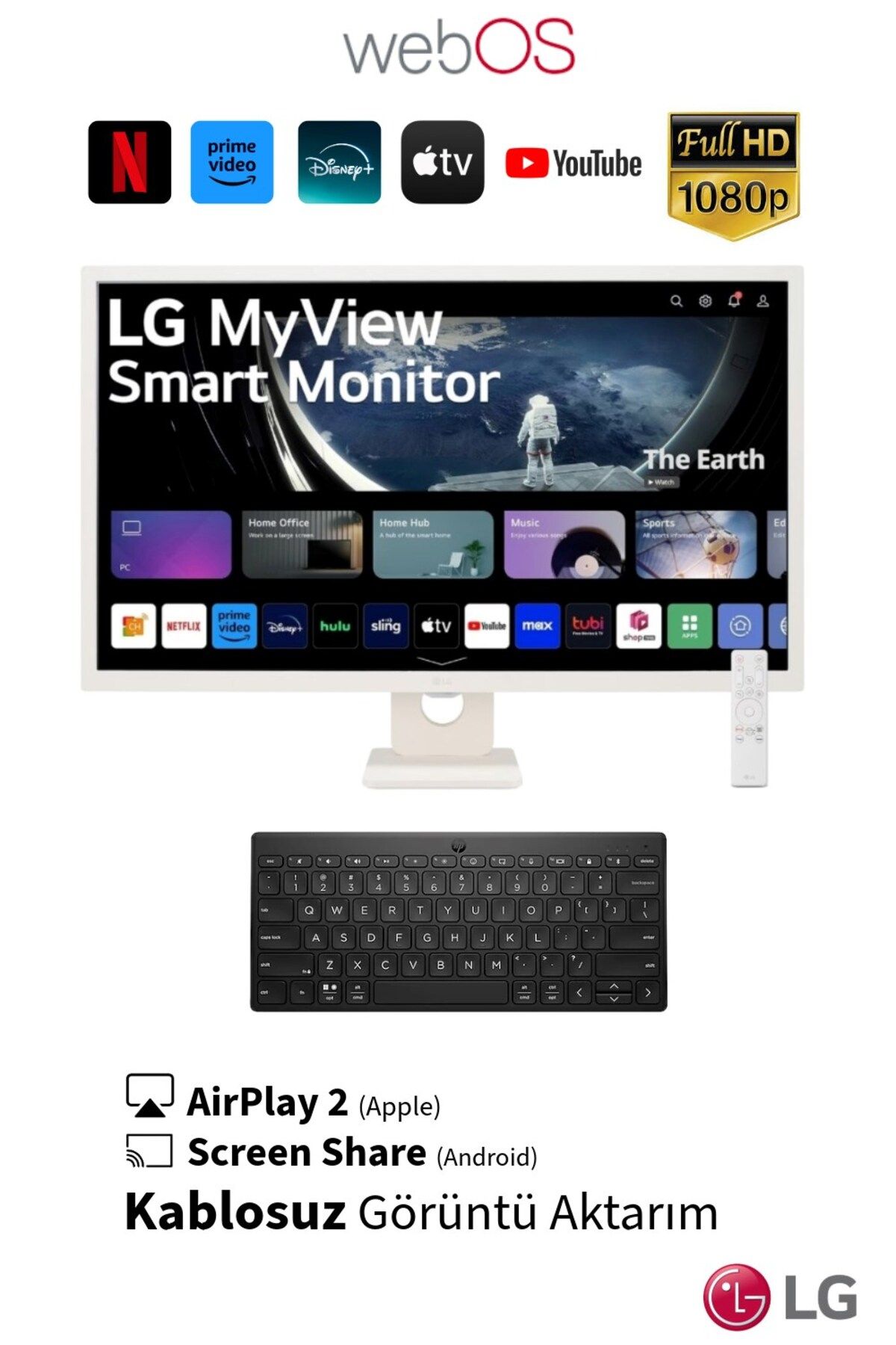 LG WebOS Akıllı MonitörTV IPS 1920x1080 FULHD 32 inç 80 Ekran Smart Monitör TV+ Kablosuz Klavye