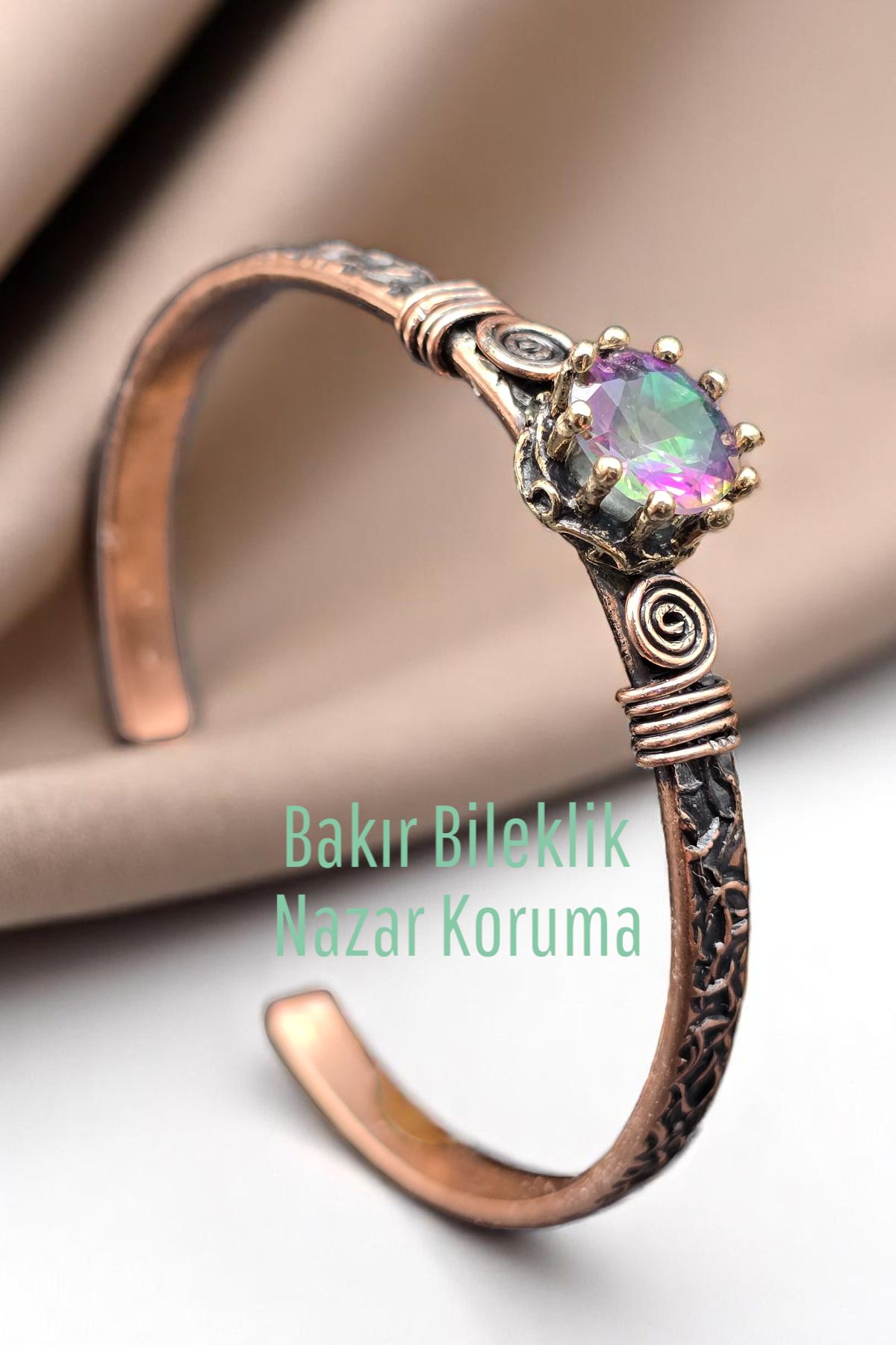 NBS Beautiful Naturel Stones Bakır Saf Bileklik Ayarlanabilir Mistik Kristal Yuvarlak % 100 hakiki bakır
