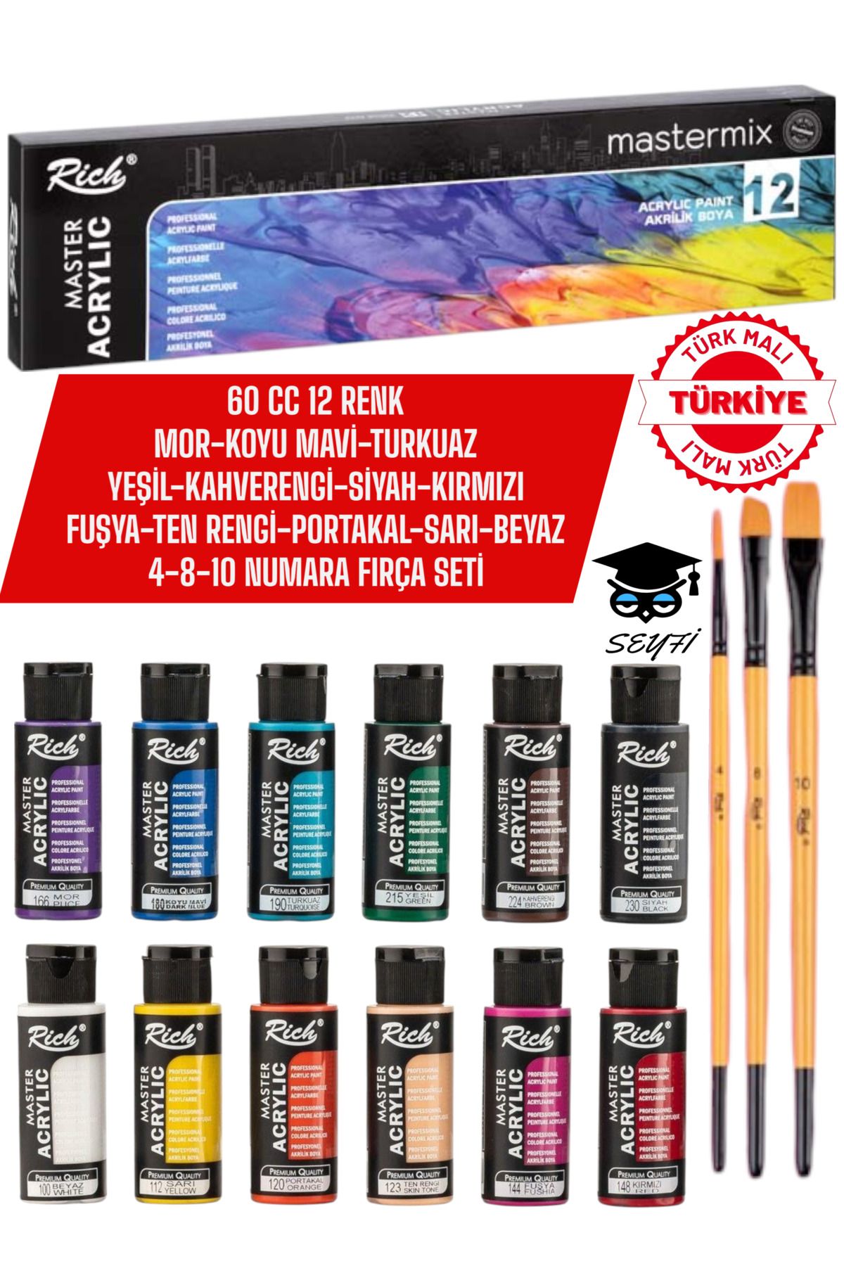 SEYFİKİRTASİYE MASTER MİX 60 CC 12 RENK AKRİLİK BOYA SETİ 3 ADET FIRÇA MASTER MİX SET YERLİ ÜRETİM